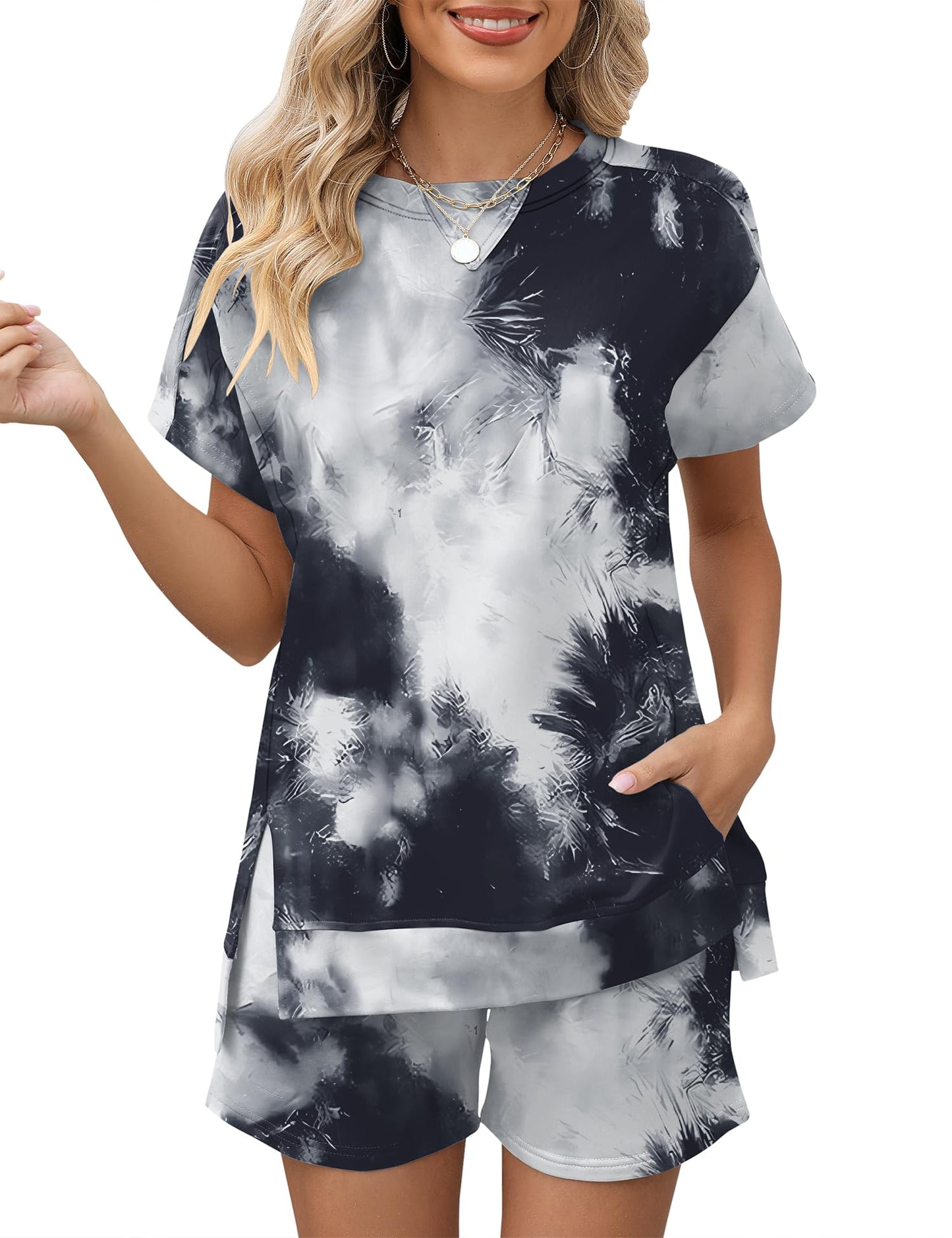 LOMON Womens Fashion 2 Piece Outfits Sweatsuits 2025 Summer Short Sleeve Loungewear Tracksuit Round Neck Lounge Shorts Sets