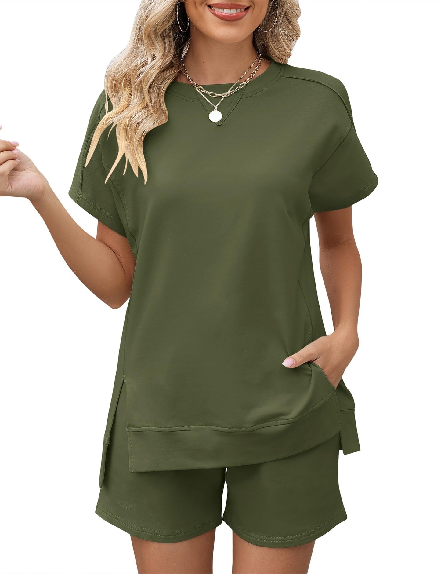 LOMON Womens Fashion 2 Piece Outfits Sweatsuits 2025 Summer Short Sleeve Loungewear Tracksuit Round Neck Lounge Shorts Sets