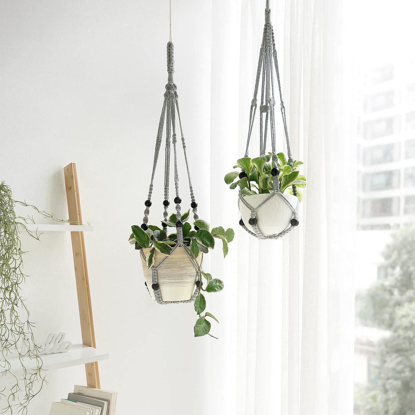 Mkono Macrame Plant Hanger Indoor Hanging Planter Basket with Wood Beads Decorative Flower Pot Holder No Tassels for Indoor Outdoor Boho Home Decor 35 Inch, Ivory, Set of 1 (POTS NOT Included)