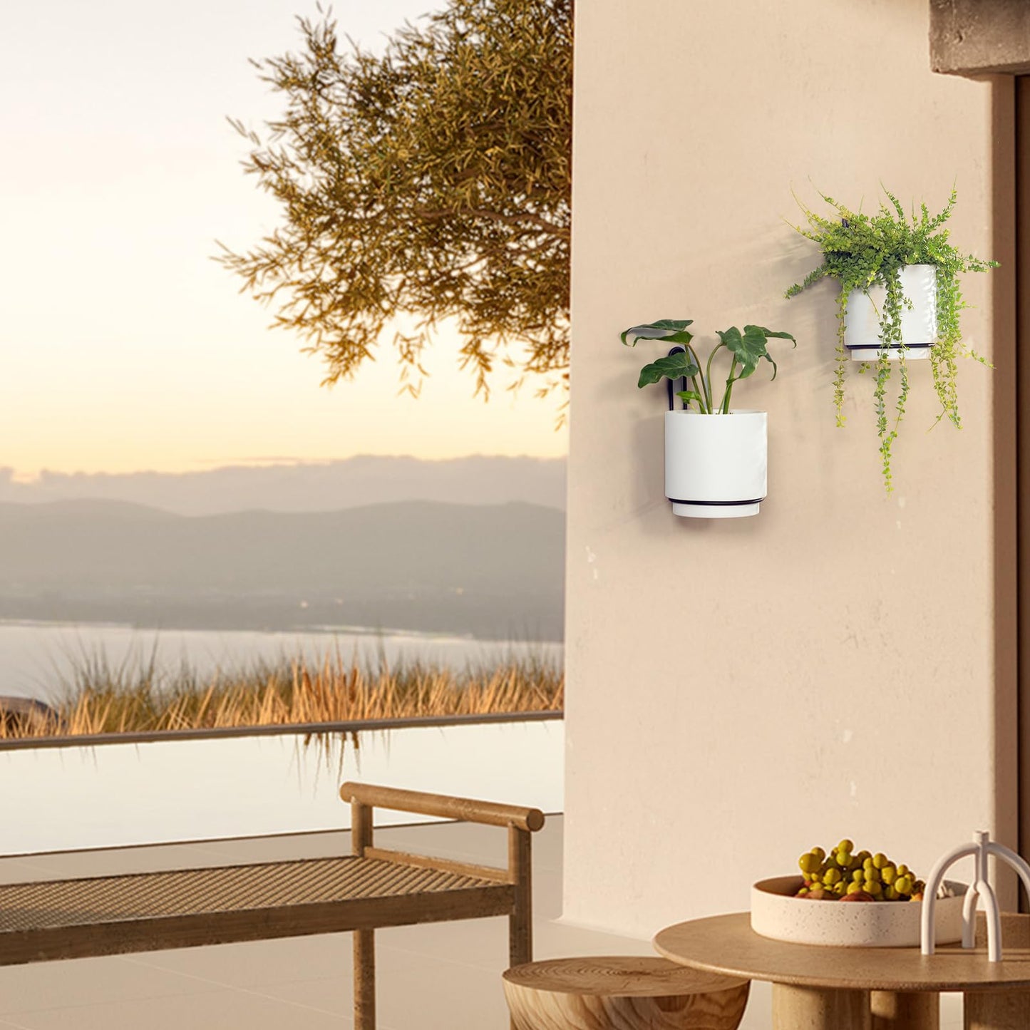 Wall Mounted Hanging Planter Vase & Geometric Wall Decor Polypropylene Container - Dia.5.91" - Sylinder Shape, White, Set of 2