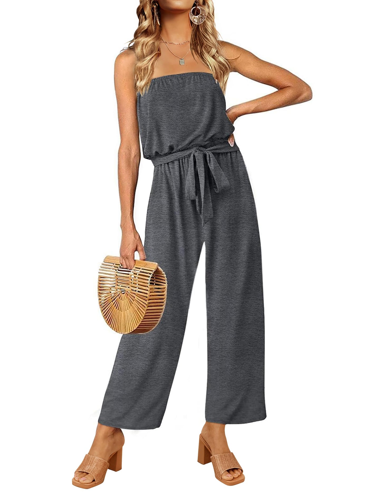 Strapless Belted Wide Leg Jumpsuit