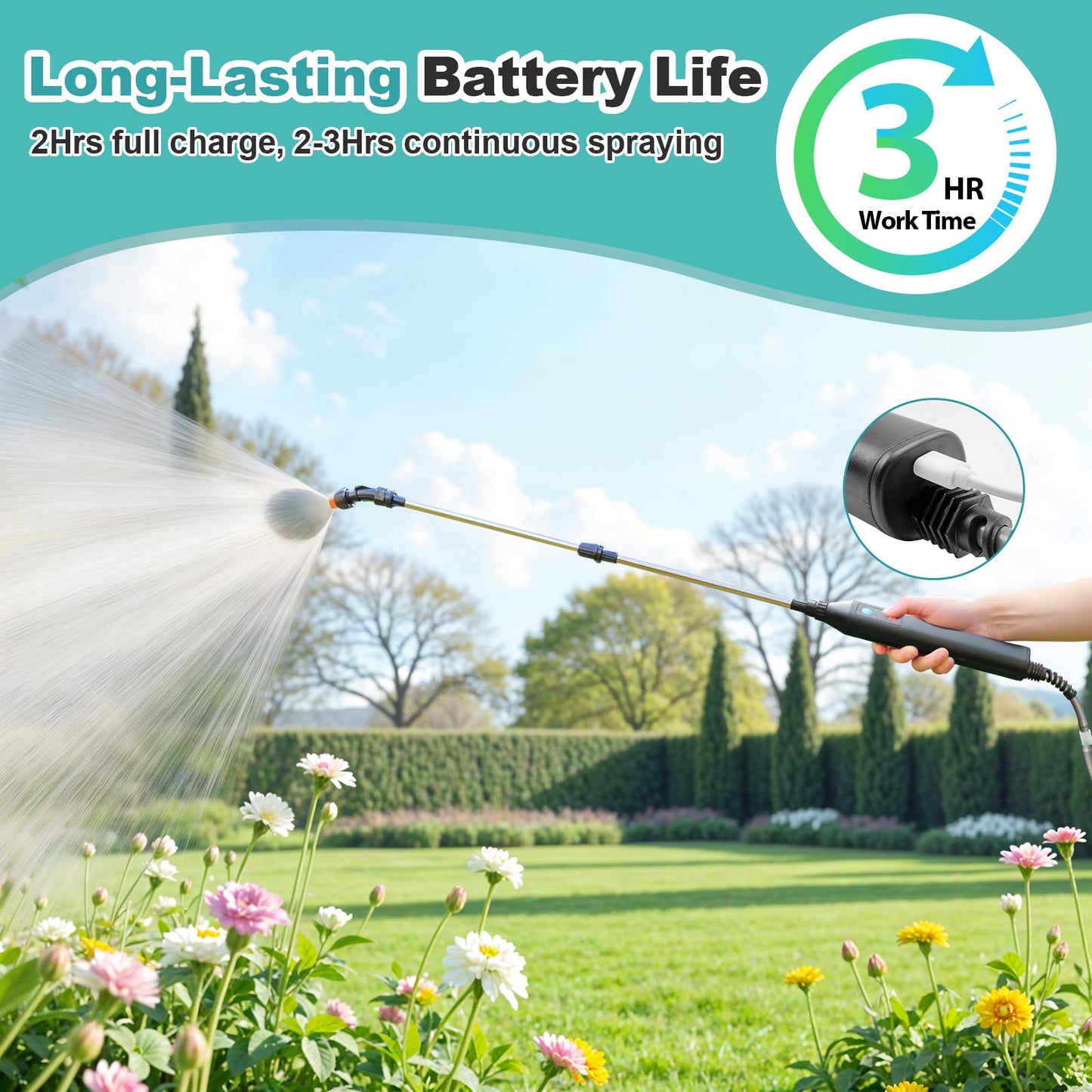 Battery Powered Garden Sprayer 1.3 Gallon, 3-Level Adjustable Electric Backpack Sprayer, Weed Yard Lawn Sprayer with 3 Mist Nozzles & Retractable Wand