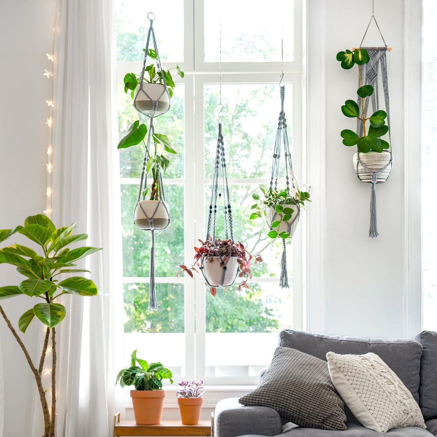 Mkono Macrame Plant Hanger Indoor Hanging Planter Basket with Wood Beads Decorative Flower Pot Holder No Tassels for Indoor Outdoor Boho Home Decor 35 Inch, Ivory, Set of 1 (POTS NOT Included)
