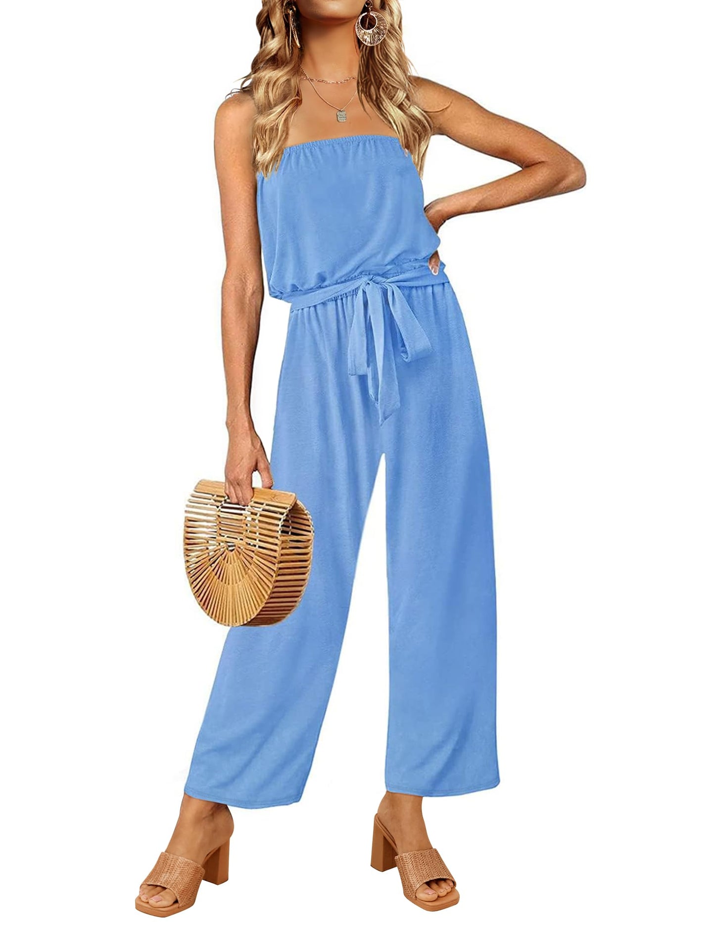 Strapless Belted Wide Leg Jumpsuit