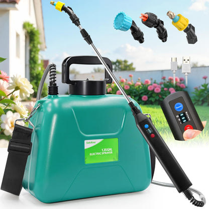 Battery Powered Garden Sprayer 1.3 Gallon, 3-Level Adjustable Electric Backpack Sprayer, Weed Yard Lawn Sprayer with 3 Mist Nozzles & Retractable Wand