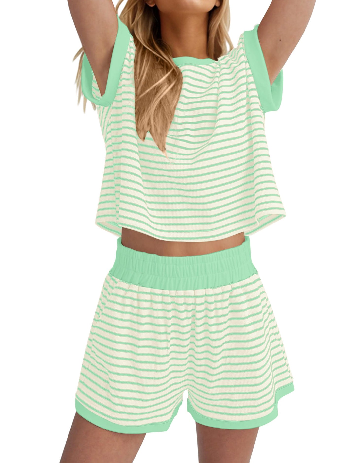 Women Summer 2 Piece Lounge Sets Striped Short Sleeve Tee Shirts Mini Shorts Loungewear Shorts Set Ribbed Pajama Set