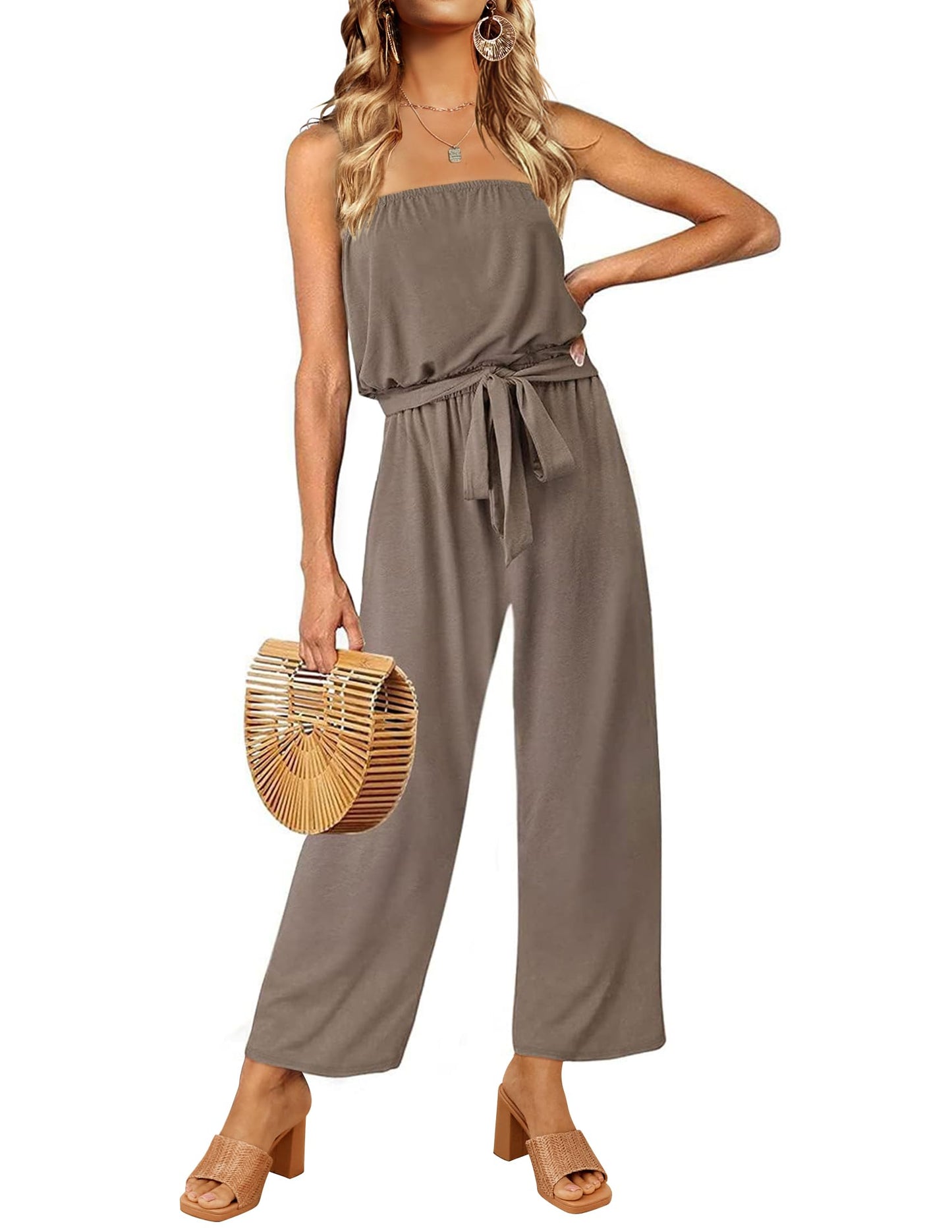 Strapless Belted Wide Leg Jumpsuit