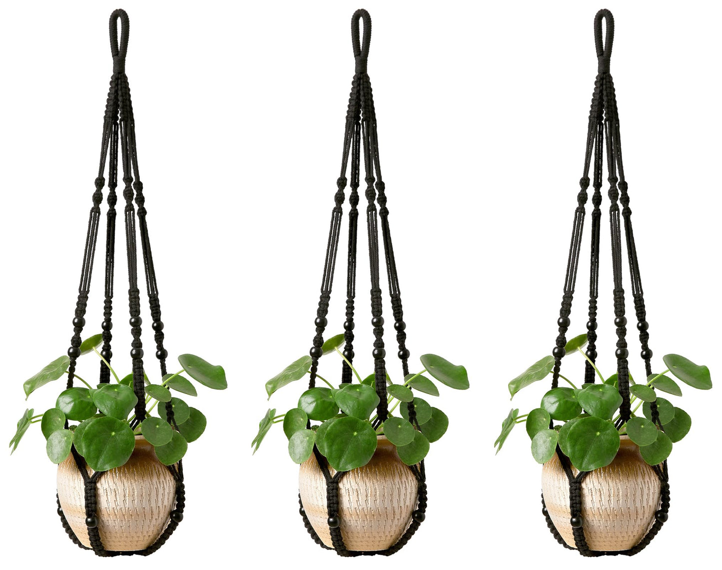 Mkono Macrame Plant Hanger Indoor Hanging Planter Basket with Wood Beads Decorative Flower Pot Holder No Tassels for Indoor Outdoor Boho Home Decor 35 Inch, Ivory, Set of 1 (POTS NOT Included)