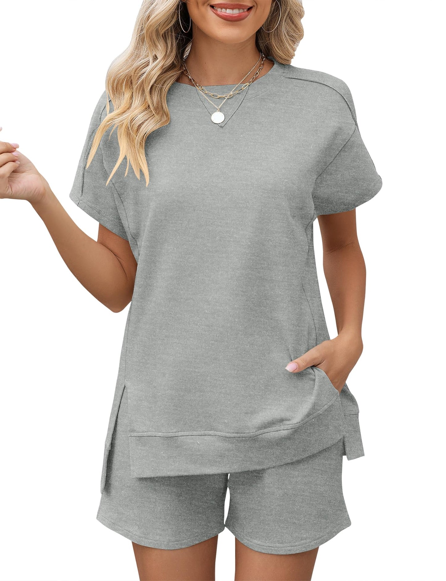 LOMON Womens Fashion 2 Piece Outfits Sweatsuits 2025 Summer Short Sleeve Loungewear Tracksuit Round Neck Lounge Shorts Sets