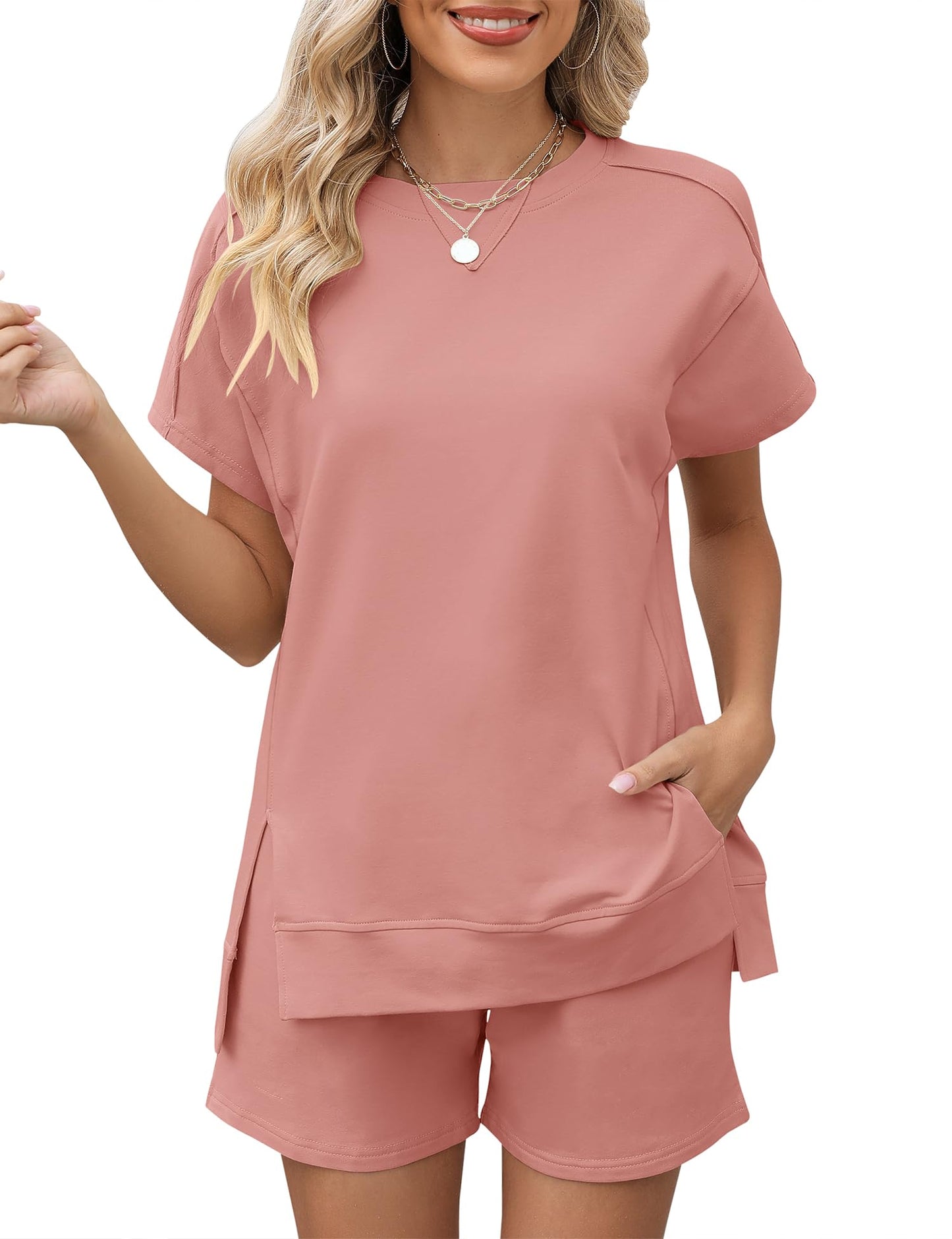 LOMON Womens Fashion 2 Piece Outfits Sweatsuits 2025 Summer Short Sleeve Loungewear Tracksuit Round Neck Lounge Shorts Sets