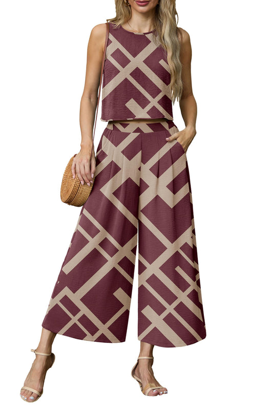 2 Piece Sleeveless Crop Top + Flowy Wide Leg Pants