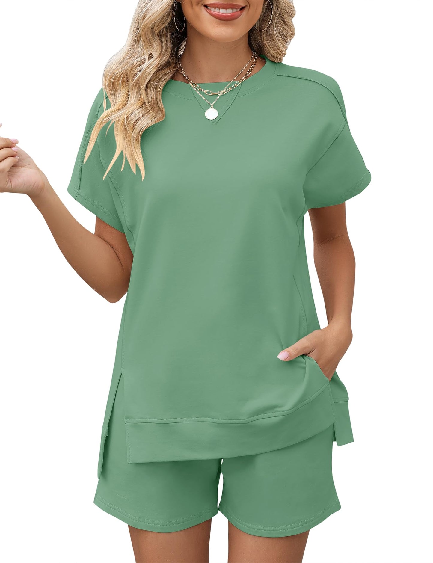 LOMON Womens Fashion 2 Piece Outfits Sweatsuits 2025 Summer Short Sleeve Loungewear Tracksuit Round Neck Lounge Shorts Sets