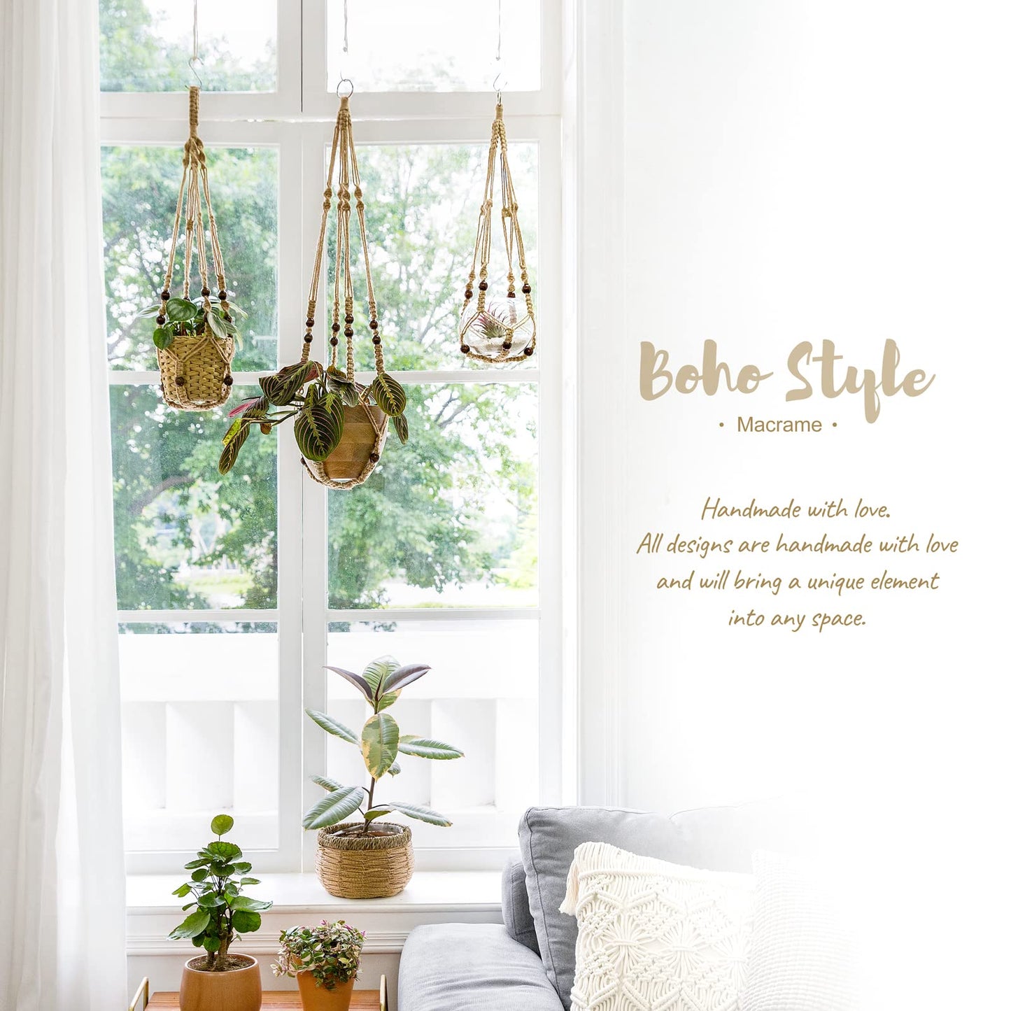 Mkono Macrame Plant Hanger Indoor Hanging Planter Basket with Wood Beads Decorative Flower Pot Holder No Tassels for Indoor Outdoor Boho Home Decor 35 Inch, Ivory, Set of 1 (POTS NOT Included)