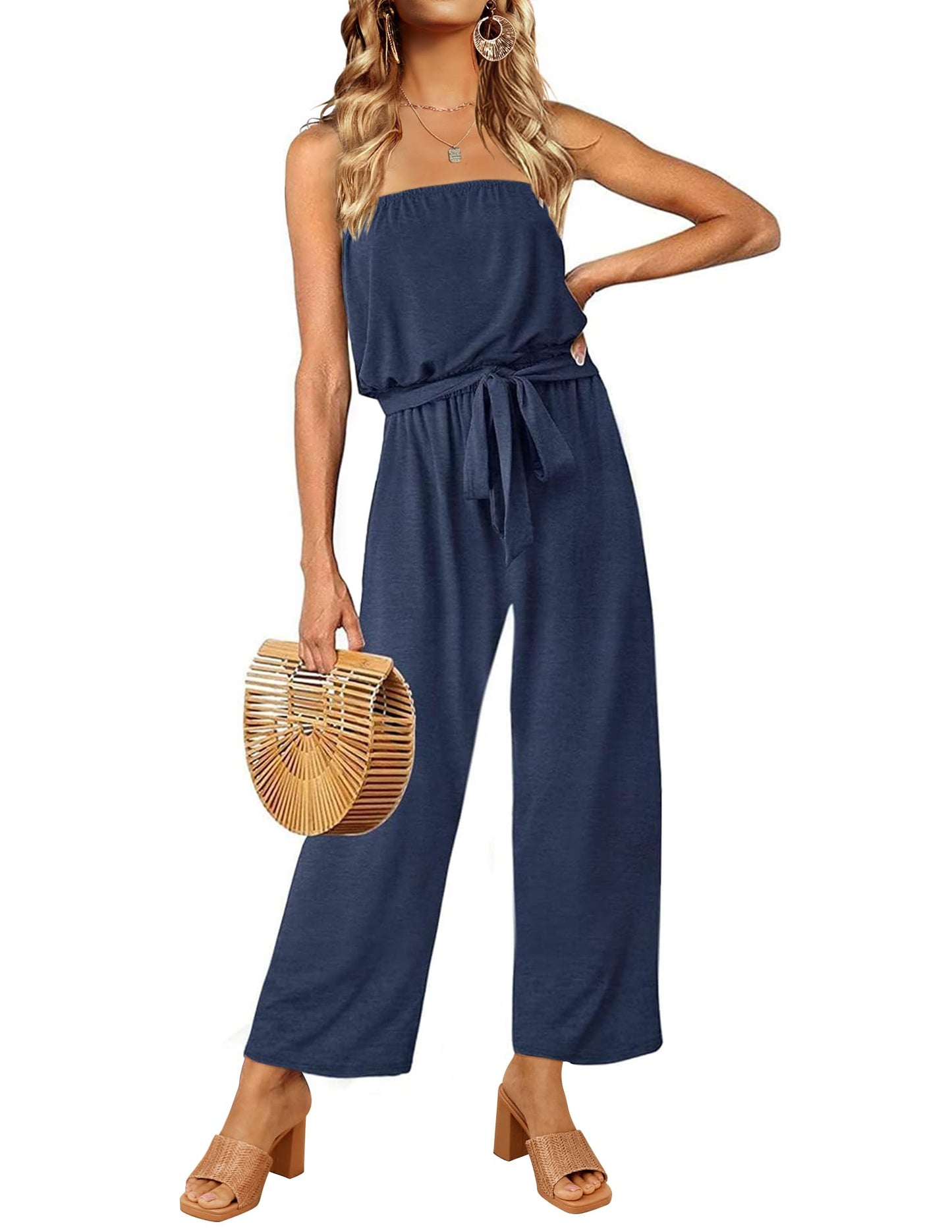 Strapless Belted Wide Leg Jumpsuit