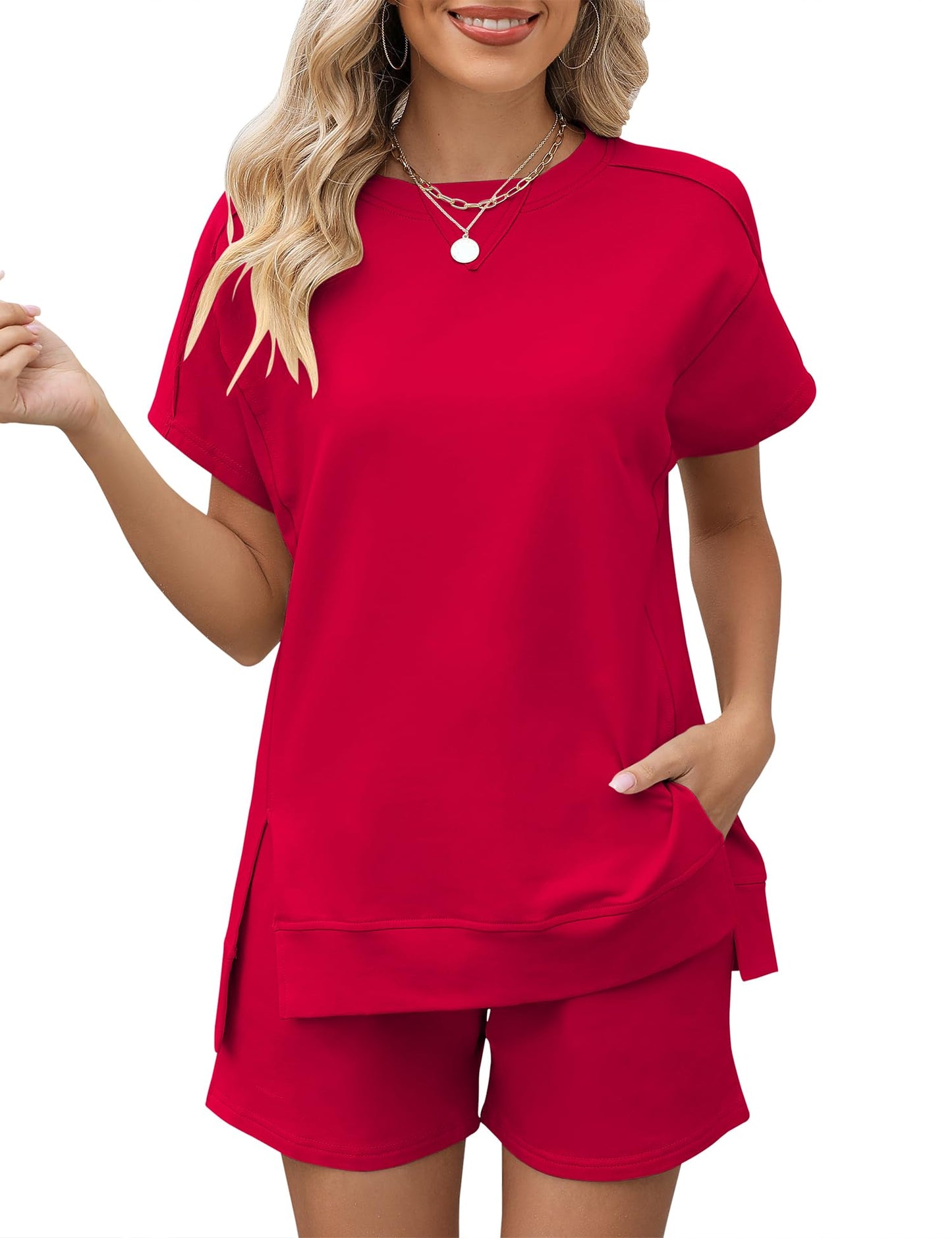 LOMON Womens Fashion 2 Piece Outfits Sweatsuits 2025 Summer Short Sleeve Loungewear Tracksuit Round Neck Lounge Shorts Sets