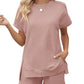LOMON Womens Fashion 2 Piece Outfits Sweatsuits 2025 Summer Short Sleeve Loungewear Tracksuit Round Neck Lounge Shorts Sets