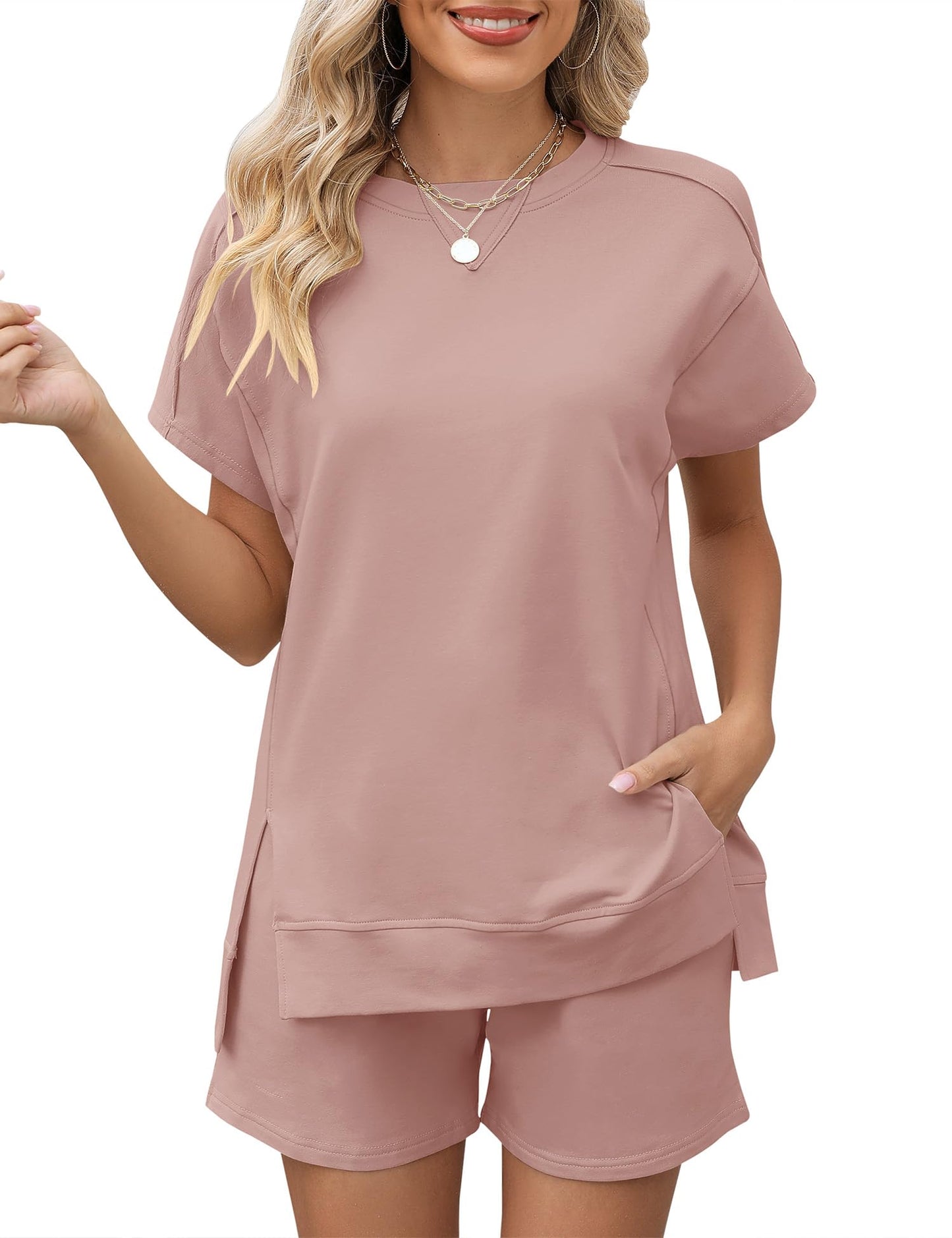 LOMON Womens Fashion 2 Piece Outfits Sweatsuits 2025 Summer Short Sleeve Loungewear Tracksuit Round Neck Lounge Shorts Sets