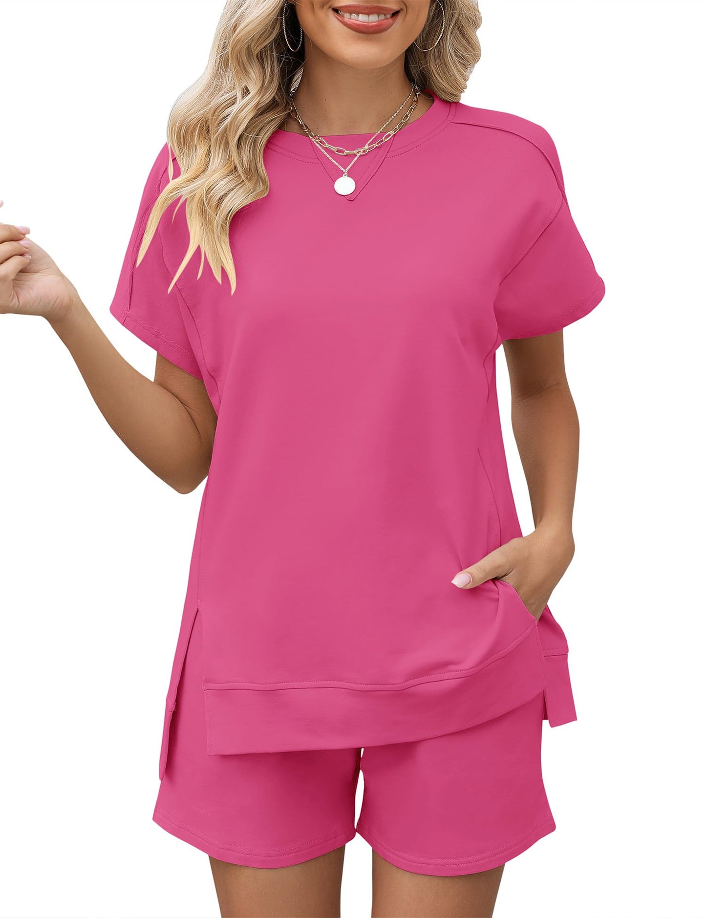 LOMON Womens Fashion 2 Piece Outfits Sweatsuits 2025 Summer Short Sleeve Loungewear Tracksuit Round Neck Lounge Shorts Sets