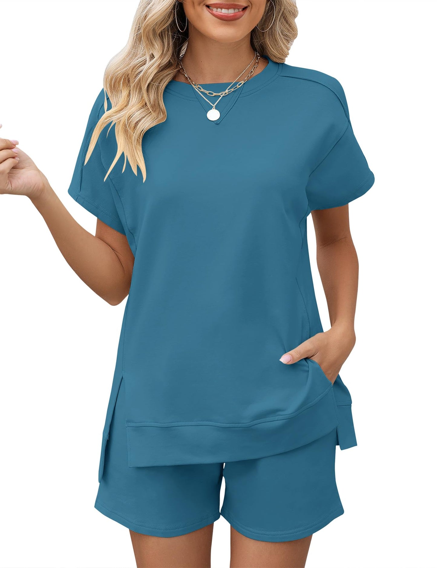 LOMON Womens Fashion 2 Piece Outfits Sweatsuits 2025 Summer Short Sleeve Loungewear Tracksuit Round Neck Lounge Shorts Sets