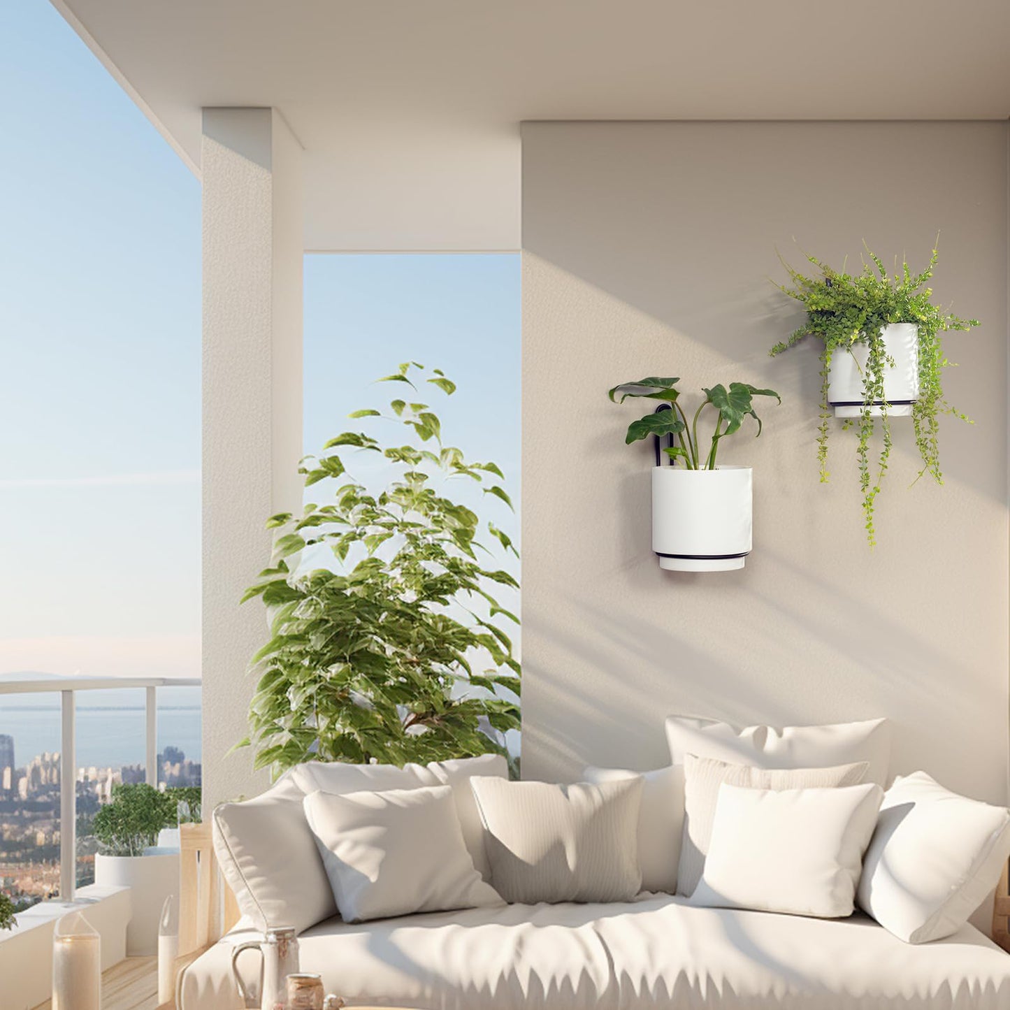 Wall Mounted Hanging Planter Vase & Geometric Wall Decor Polypropylene Container - Dia.5.91" - Sylinder Shape, White, Set of 2