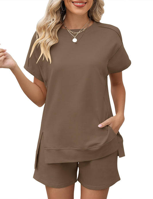 LOMON Womens Fashion 2 Piece Outfits Sweatsuits 2025 Summer Short Sleeve Loungewear Tracksuit Round Neck Lounge Shorts Sets