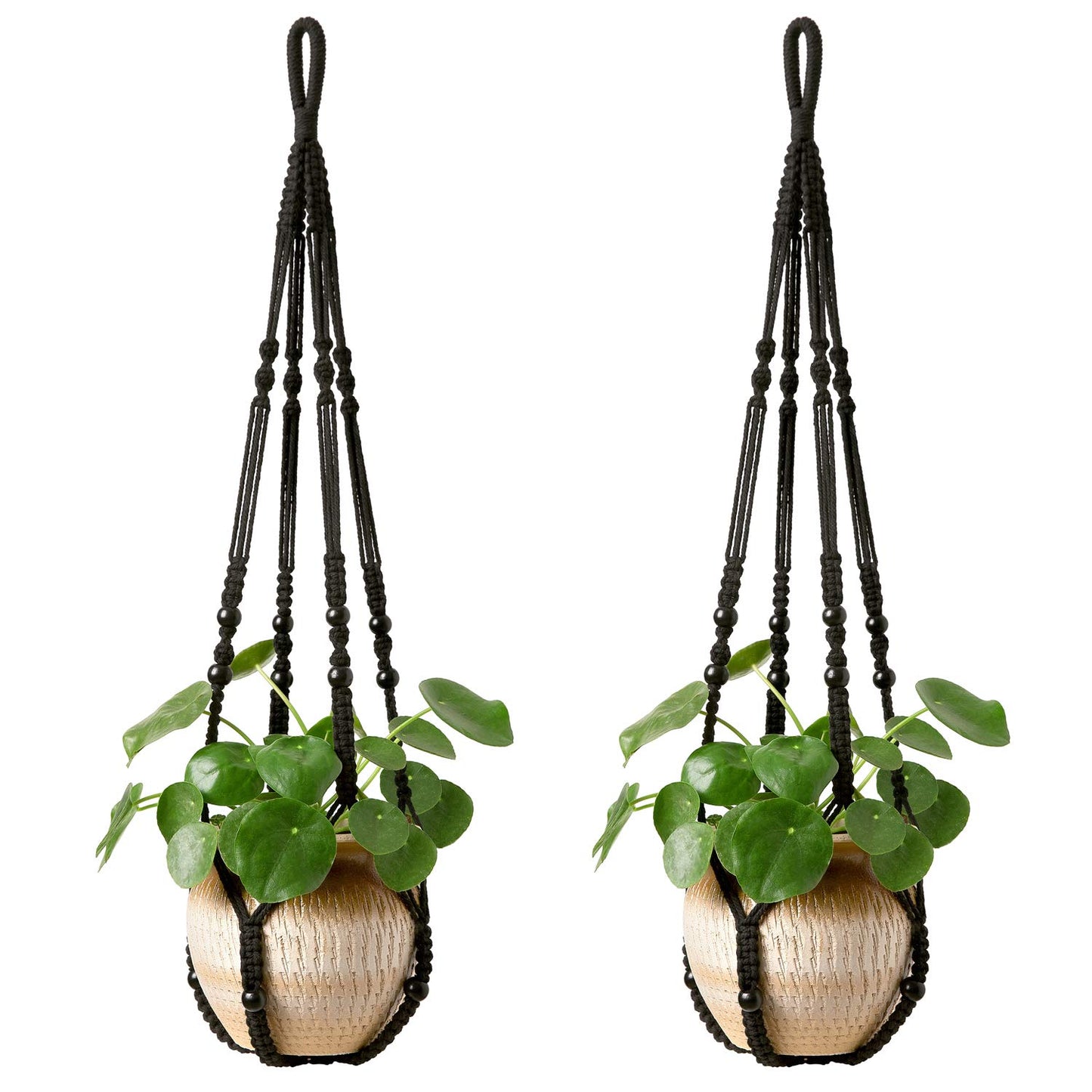 Mkono Macrame Plant Hanger Indoor Hanging Planter Basket with Wood Beads Decorative Flower Pot Holder No Tassels for Indoor Outdoor Boho Home Decor 35 Inch, Ivory, Set of 1 (POTS NOT Included)