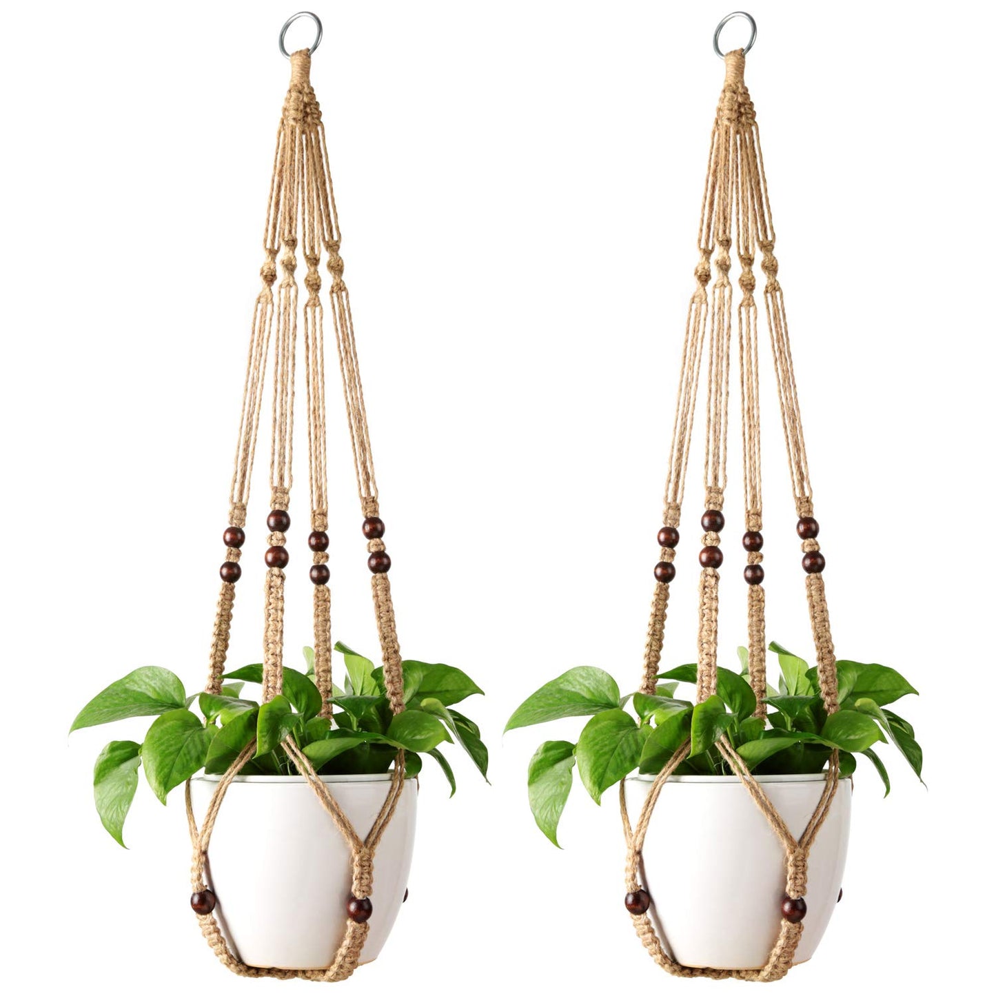 Mkono Macrame Plant Hanger Indoor Hanging Planter Basket with Wood Beads Decorative Flower Pot Holder No Tassels for Indoor Outdoor Boho Home Decor 35 Inch, Ivory, Set of 1 (POTS NOT Included)