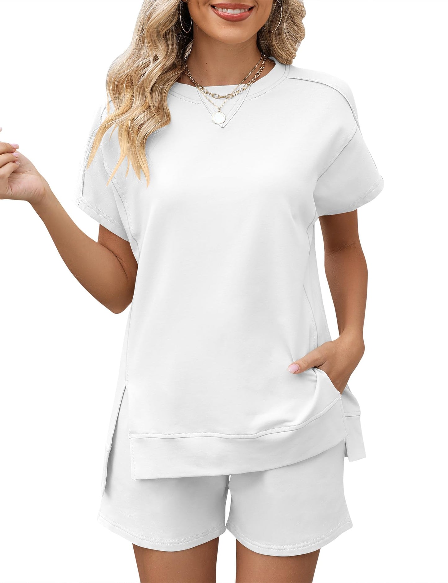 LOMON Womens Fashion 2 Piece Outfits Sweatsuits 2025 Summer Short Sleeve Loungewear Tracksuit Round Neck Lounge Shorts Sets