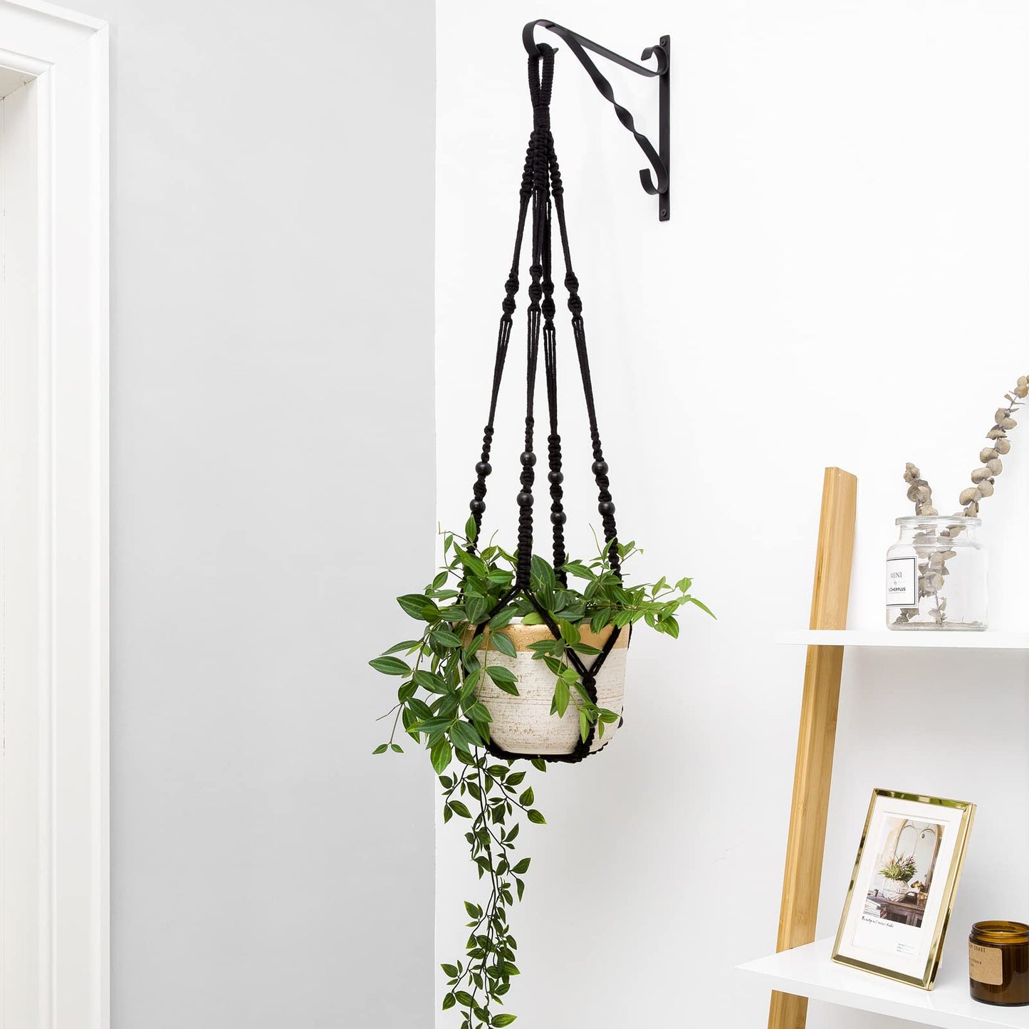 Mkono Macrame Plant Hanger Indoor Hanging Planter Basket with Wood Beads Decorative Flower Pot Holder No Tassels for Indoor Outdoor Boho Home Decor 35 Inch, Ivory, Set of 1 (POTS NOT Included)