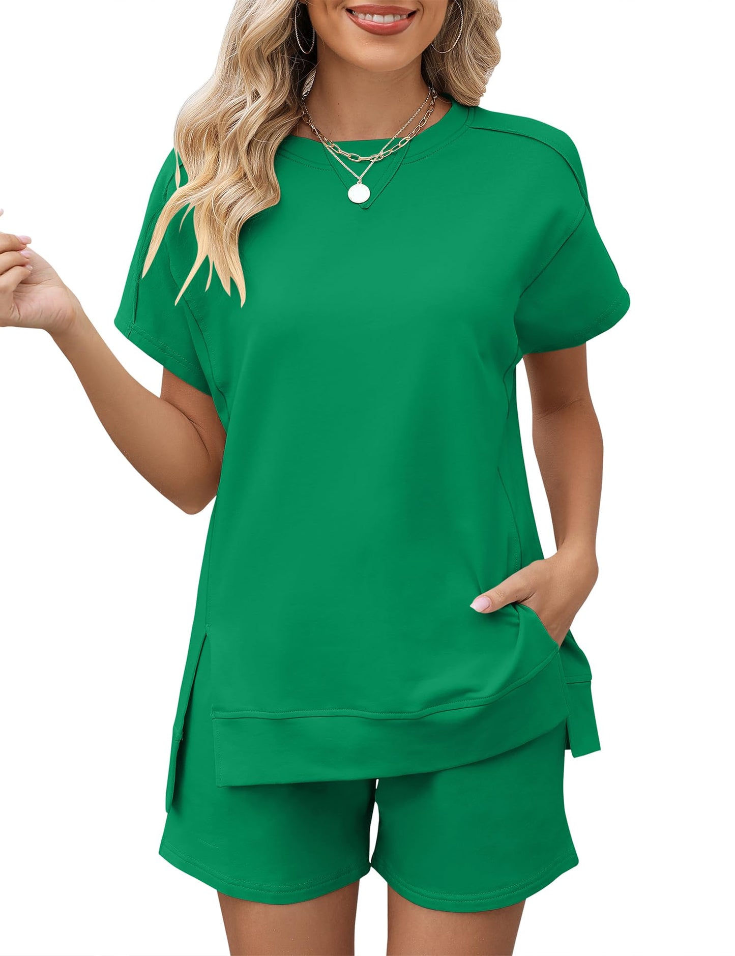 LOMON Womens Fashion 2 Piece Outfits Sweatsuits 2025 Summer Short Sleeve Loungewear Tracksuit Round Neck Lounge Shorts Sets