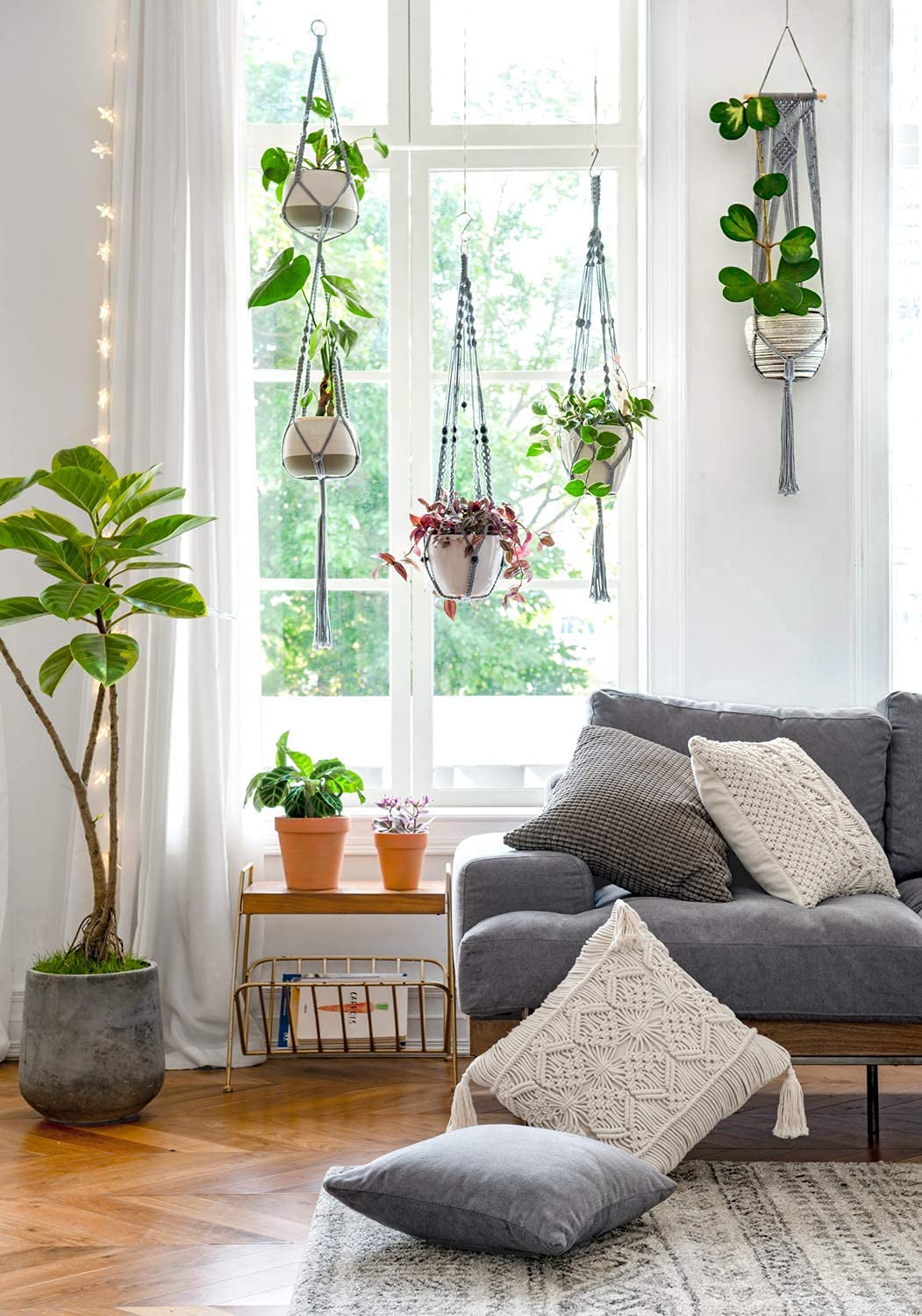 Mkono Macrame Plant Hanger Indoor Hanging Planter Basket with Wood Beads Decorative Flower Pot Holder No Tassels for Indoor Outdoor Boho Home Decor 35 Inch, Ivory, Set of 1 (POTS NOT Included)