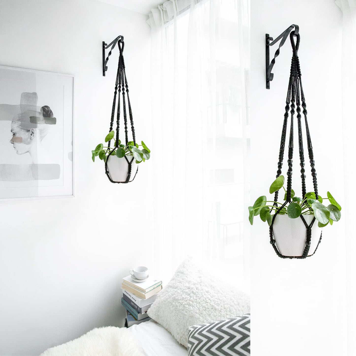 Mkono Macrame Plant Hanger Indoor Hanging Planter Basket with Wood Beads Decorative Flower Pot Holder No Tassels for Indoor Outdoor Boho Home Decor 35 Inch, Ivory, Set of 1 (POTS NOT Included)