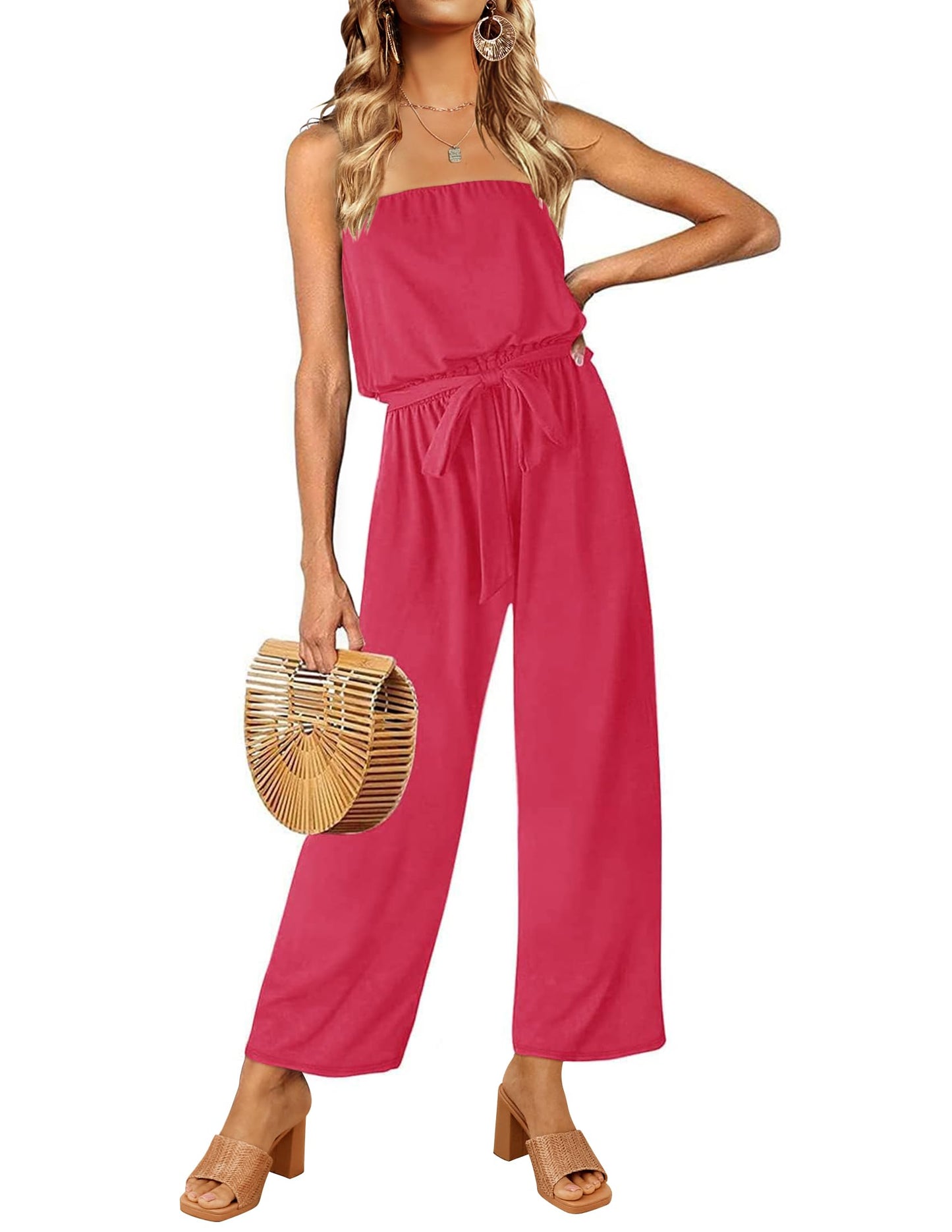 Strapless Belted Wide Leg Jumpsuit