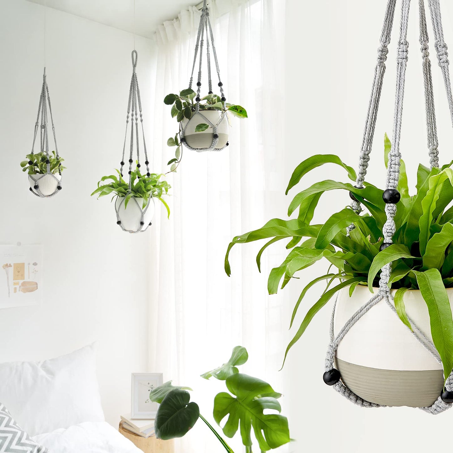 Mkono Macrame Plant Hanger Indoor Hanging Planter Basket with Wood Beads Decorative Flower Pot Holder No Tassels for Indoor Outdoor Boho Home Decor 35 Inch, Ivory, Set of 1 (POTS NOT Included)
