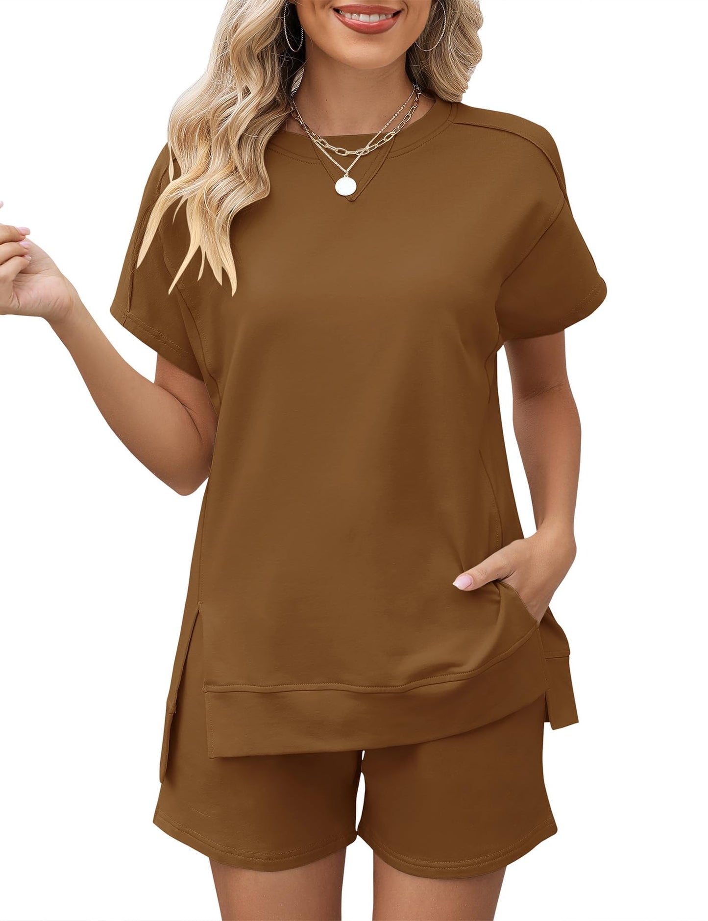 LOMON Womens Fashion 2 Piece Outfits Sweatsuits 2025 Summer Short Sleeve Loungewear Tracksuit Round Neck Lounge Shorts Sets
