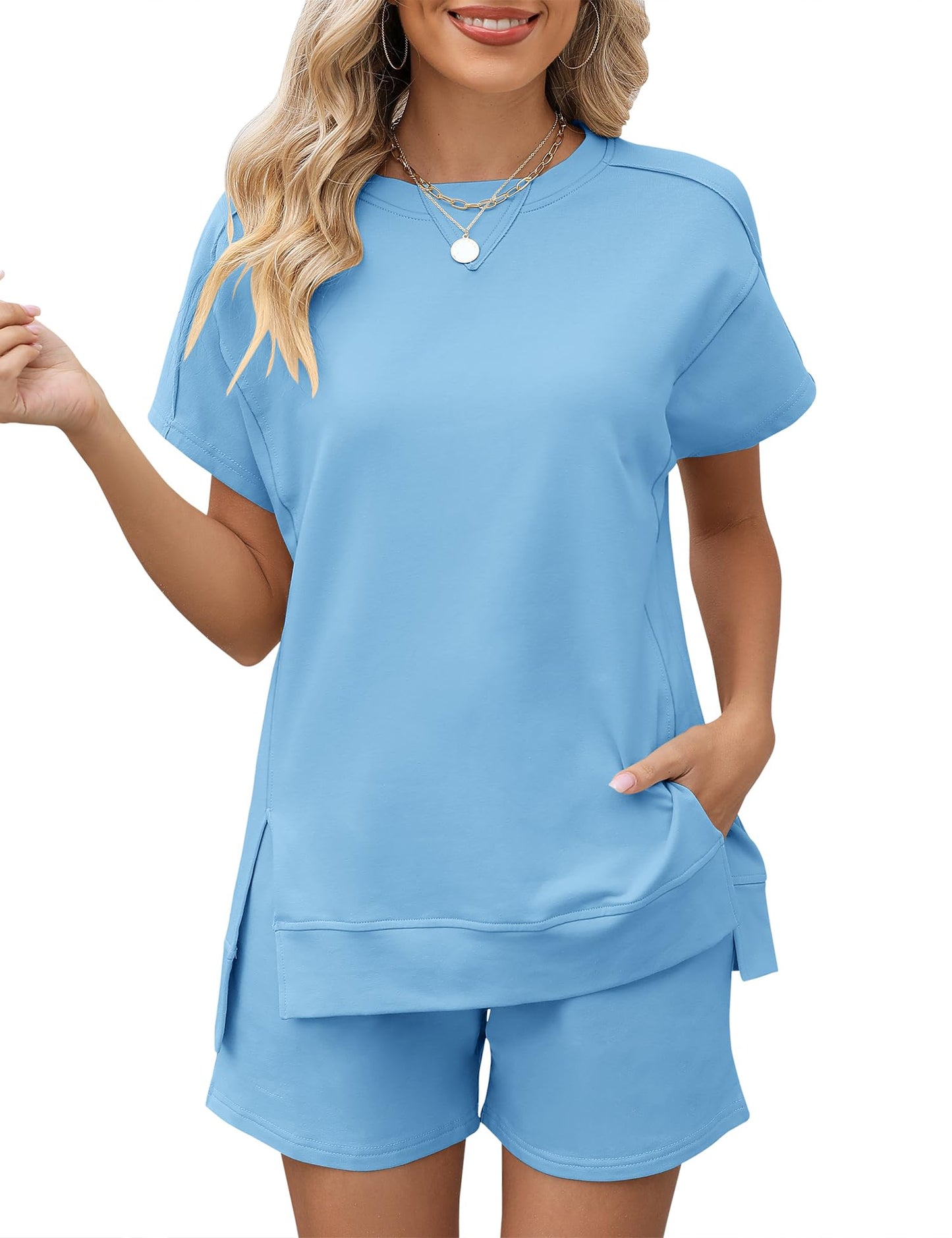 LOMON Womens Fashion 2 Piece Outfits Sweatsuits 2025 Summer Short Sleeve Loungewear Tracksuit Round Neck Lounge Shorts Sets