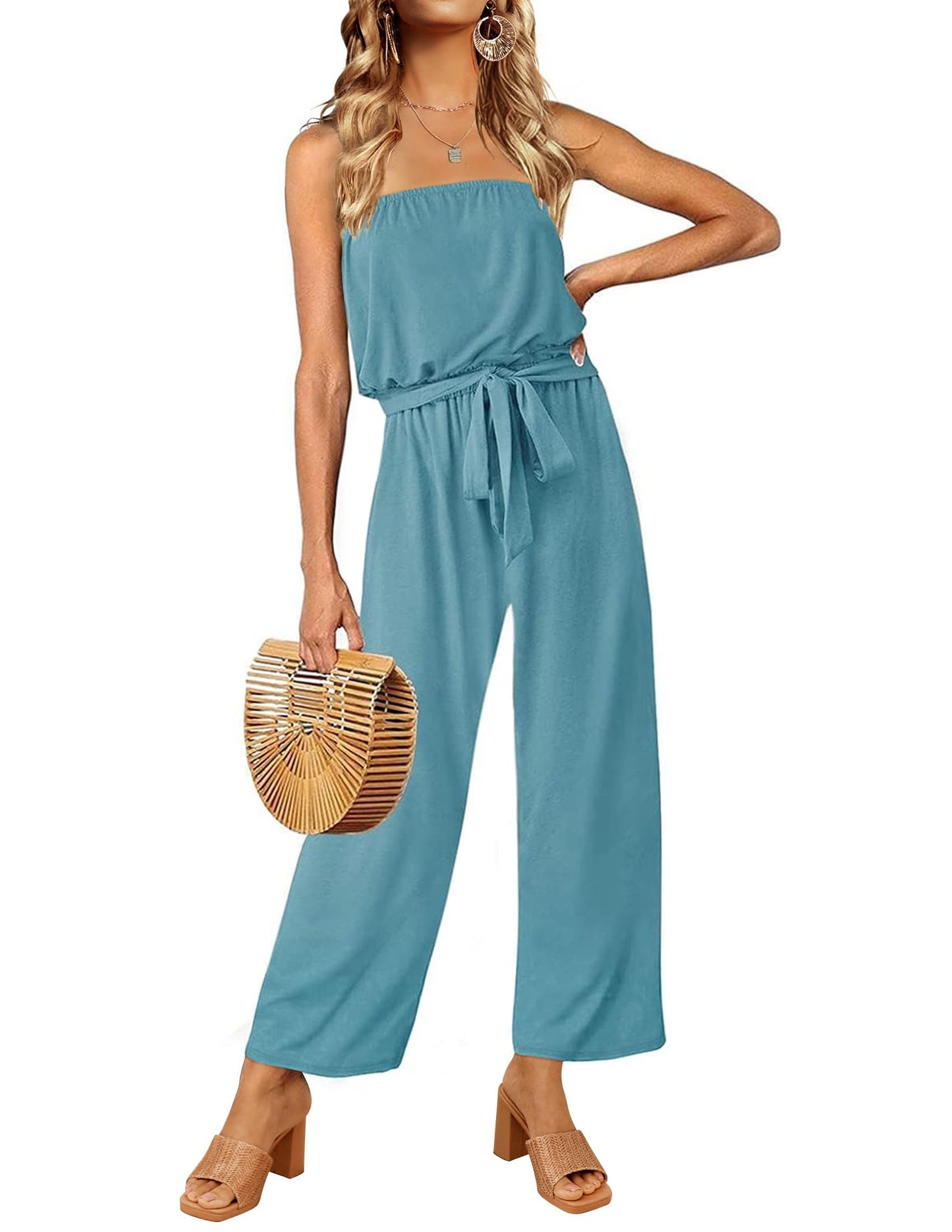 Strapless Belted Wide Leg Jumpsuit