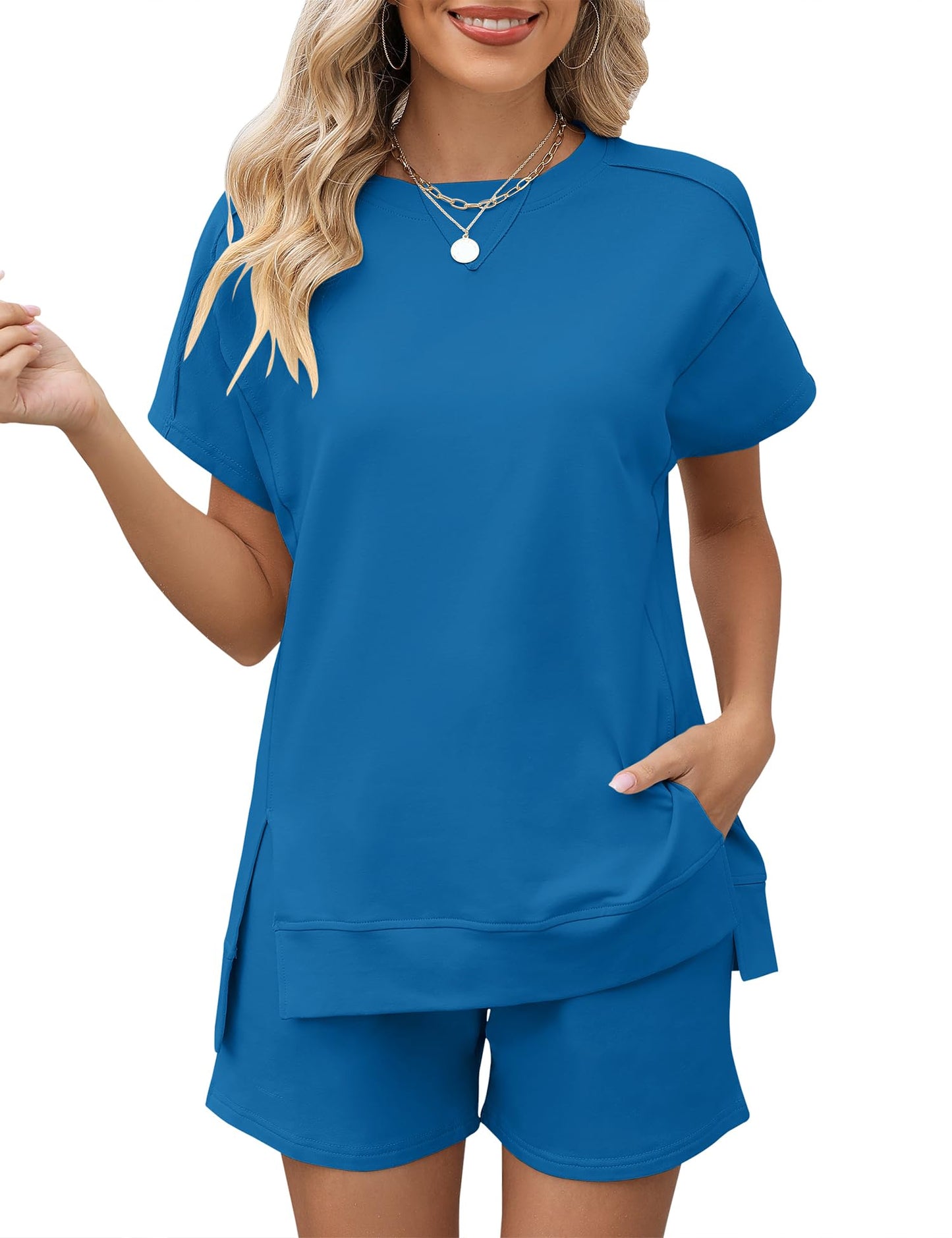 LOMON Womens Fashion 2 Piece Outfits Sweatsuits 2025 Summer Short Sleeve Loungewear Tracksuit Round Neck Lounge Shorts Sets