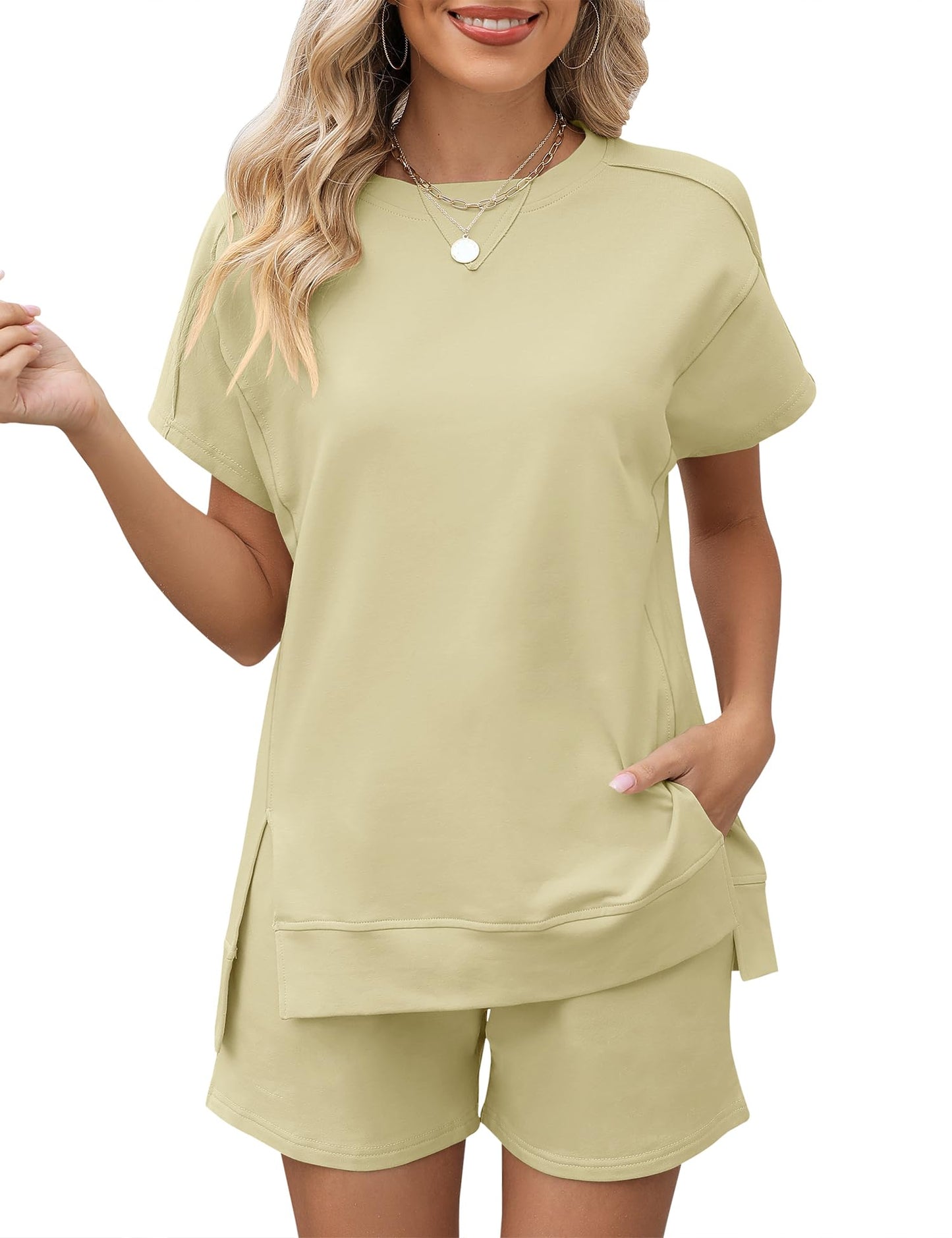 LOMON Womens Fashion 2 Piece Outfits Sweatsuits 2025 Summer Short Sleeve Loungewear Tracksuit Round Neck Lounge Shorts Sets