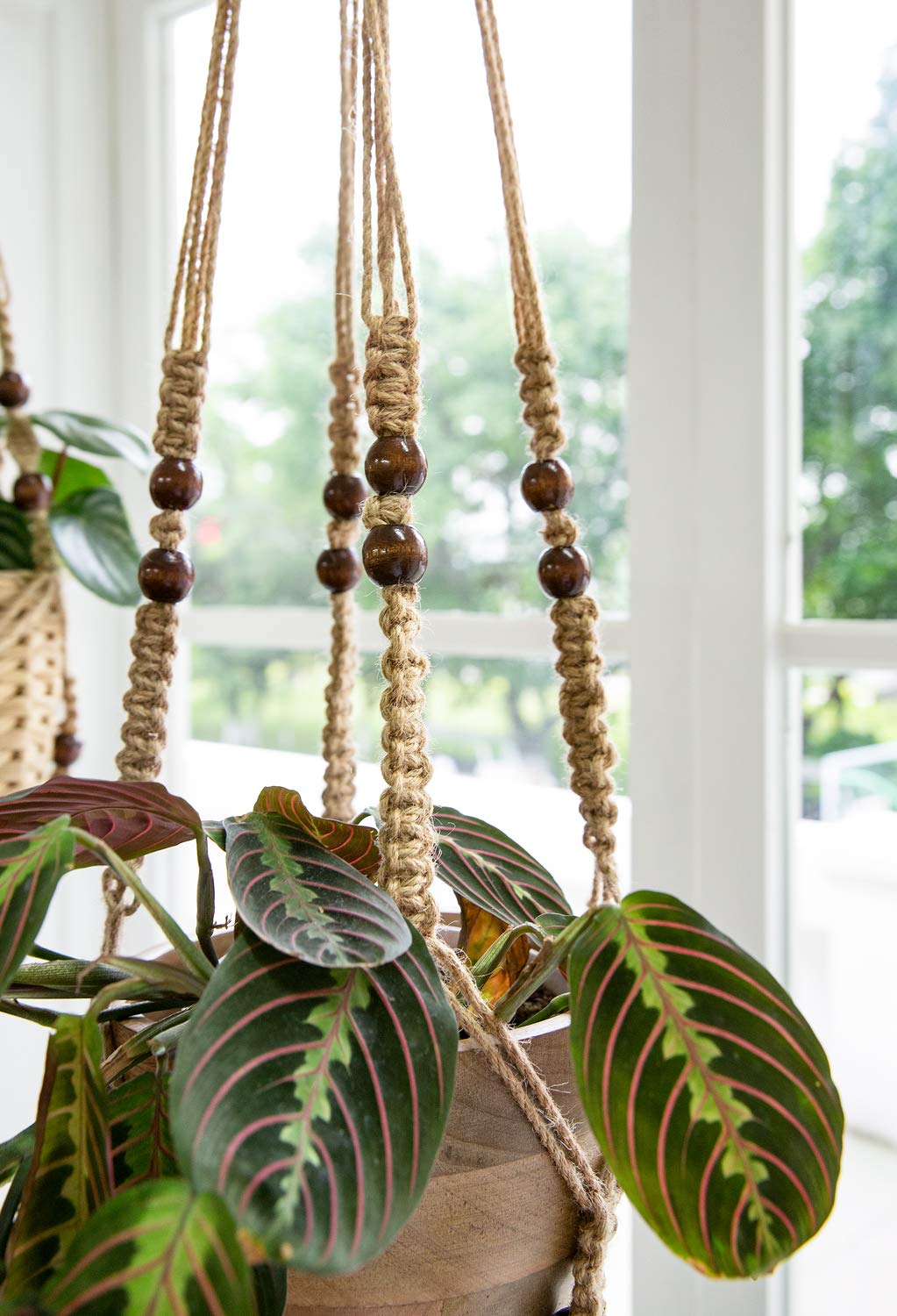 Mkono Macrame Plant Hanger Indoor Hanging Planter Basket with Wood Beads Decorative Flower Pot Holder No Tassels for Indoor Outdoor Boho Home Decor 35 Inch, Ivory, Set of 1 (POTS NOT Included)