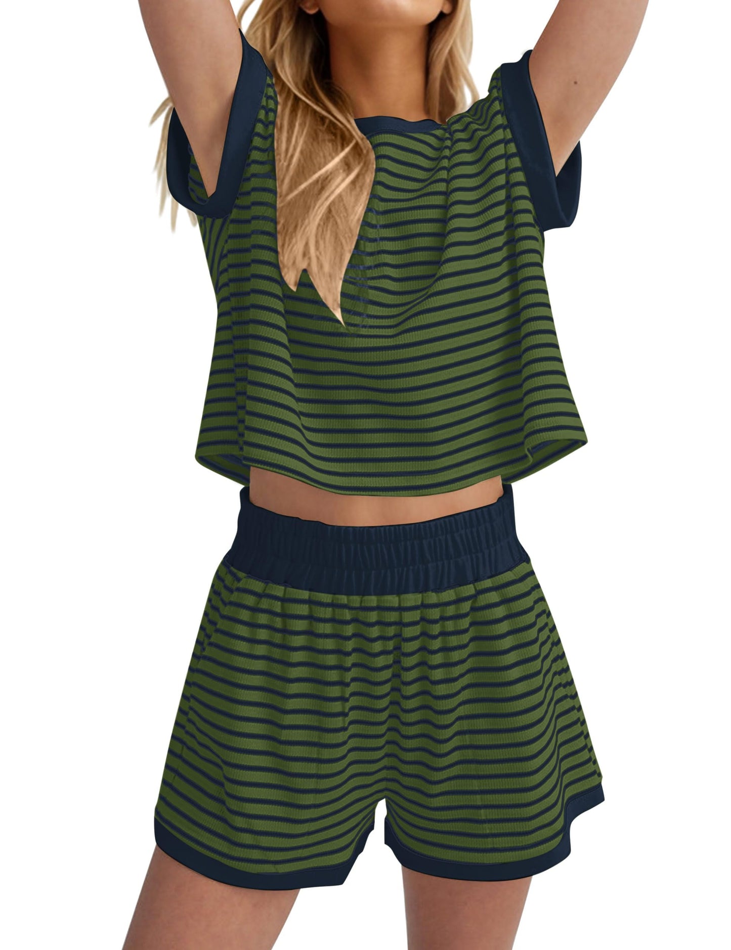 Women Summer 2 Piece Lounge Sets Striped Short Sleeve Tee Shirts Mini Shorts Loungewear Shorts Set Ribbed Pajama Set