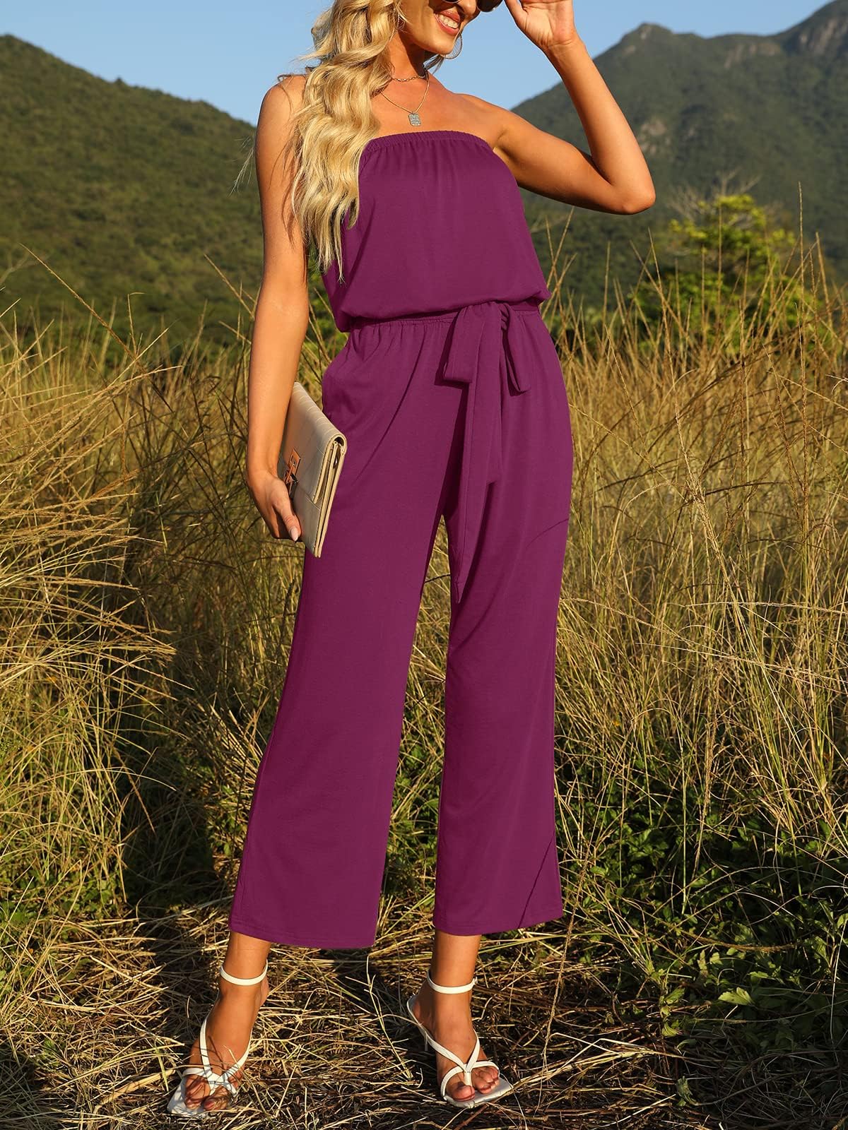 Strapless Belted Wide Leg Jumpsuit
