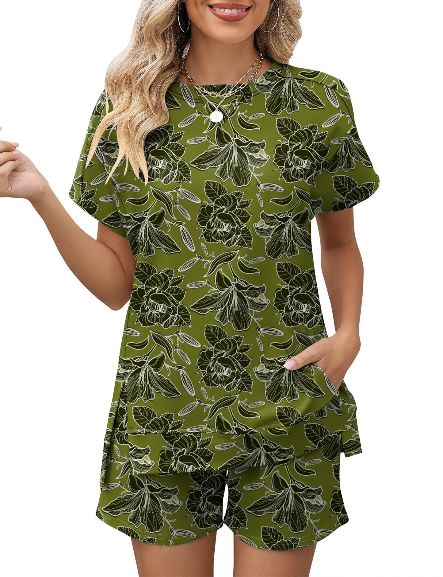 LOMON Womens Fashion 2 Piece Outfits Sweatsuits 2025 Summer Short Sleeve Loungewear Tracksuit Round Neck Lounge Shorts Sets