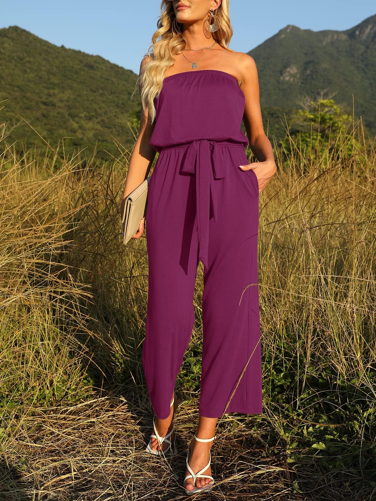 Strapless Belted Wide Leg Jumpsuit