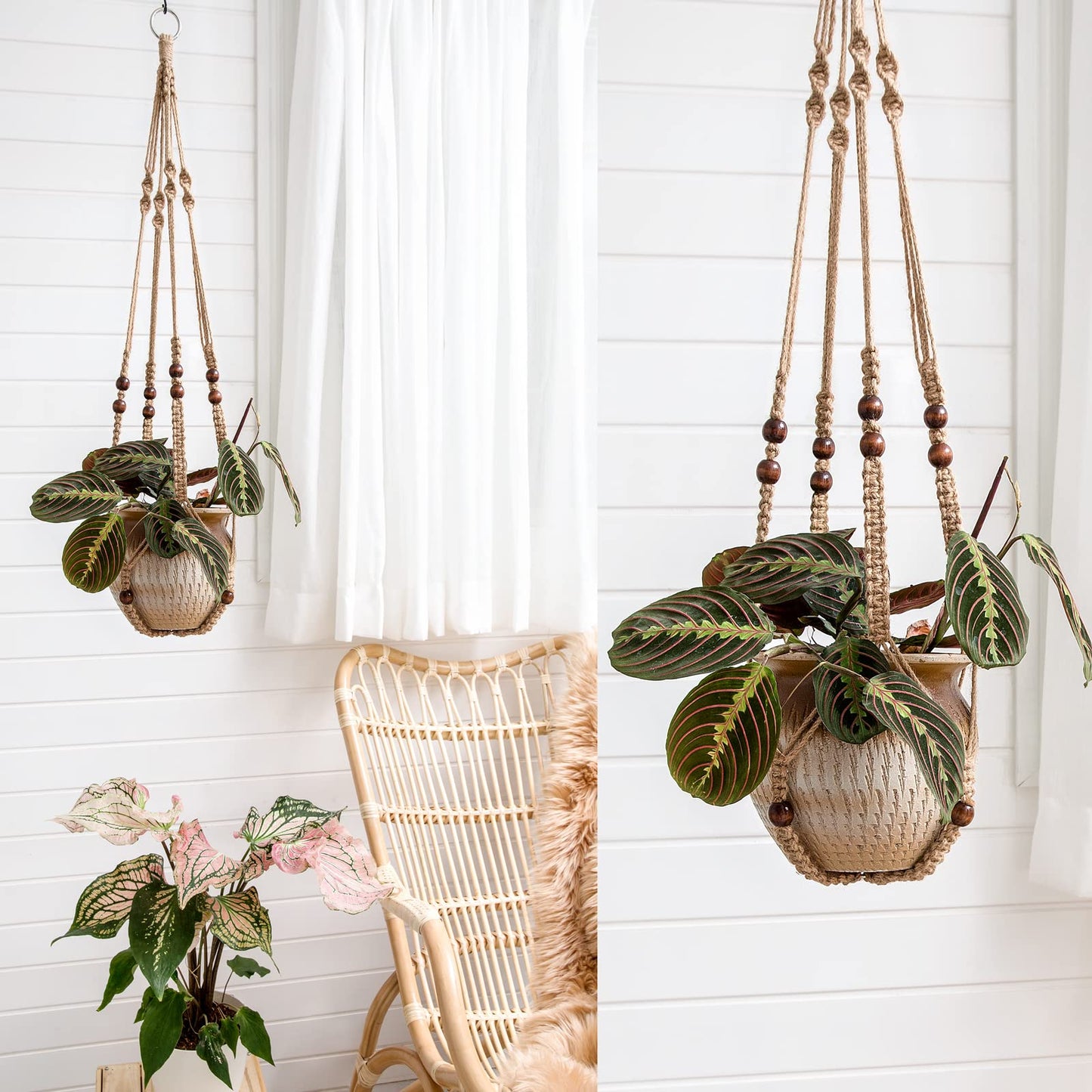 Mkono Macrame Plant Hanger Indoor Hanging Planter Basket with Wood Beads Decorative Flower Pot Holder No Tassels for Indoor Outdoor Boho Home Decor 35 Inch, Ivory, Set of 1 (POTS NOT Included)