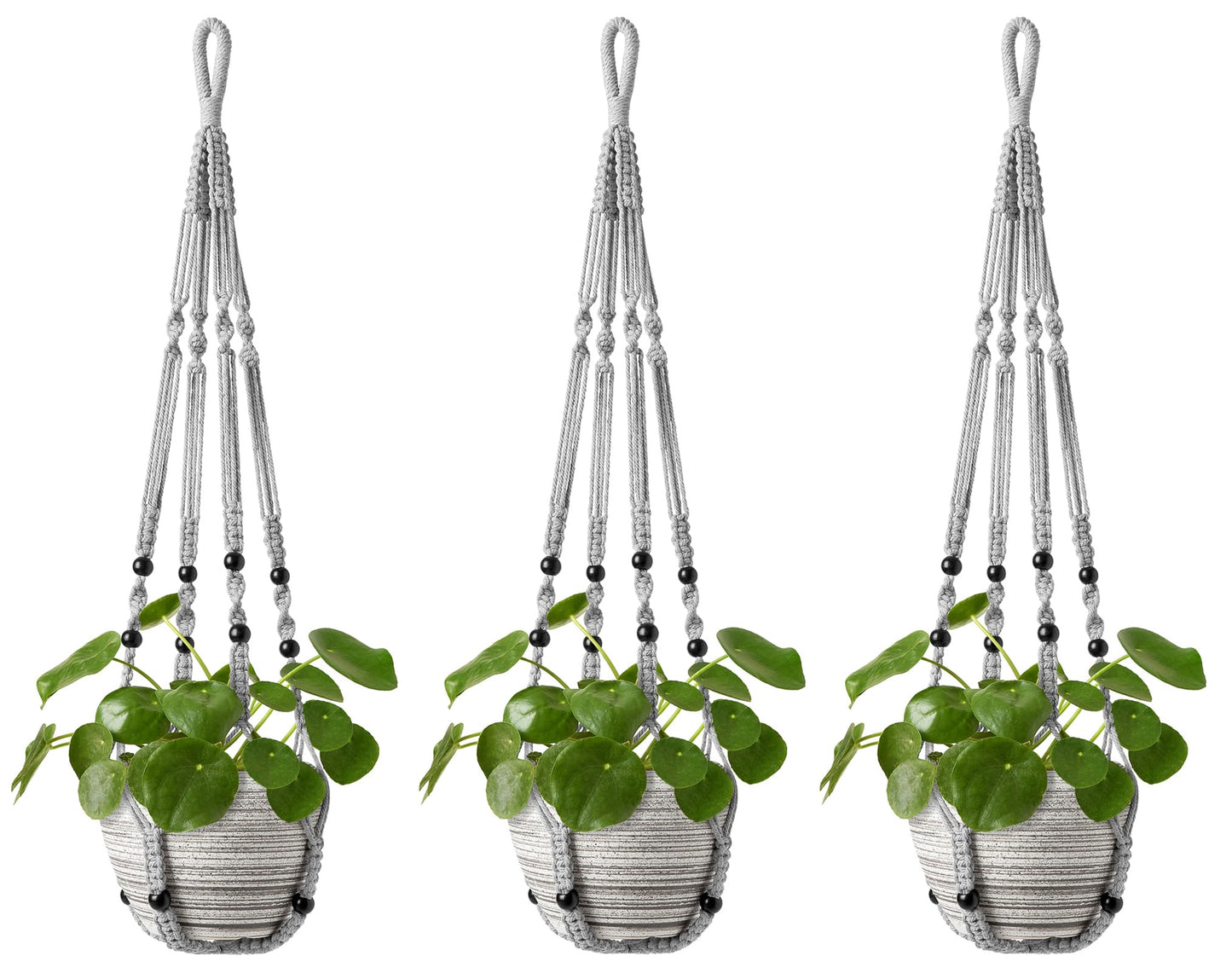 Mkono Macrame Plant Hanger Indoor Hanging Planter Basket with Wood Beads Decorative Flower Pot Holder No Tassels for Indoor Outdoor Boho Home Decor 35 Inch, Ivory, Set of 1 (POTS NOT Included)