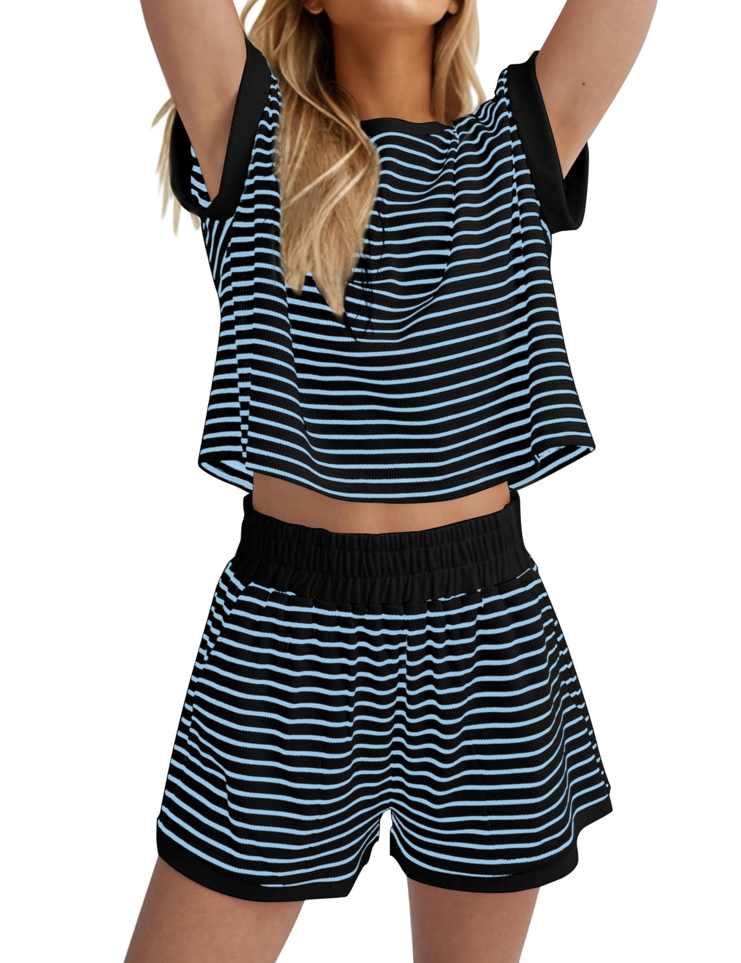 Women Summer 2 Piece Lounge Sets Striped Short Sleeve Tee Shirts Mini Shorts Loungewear Shorts Set Ribbed Pajama Set
