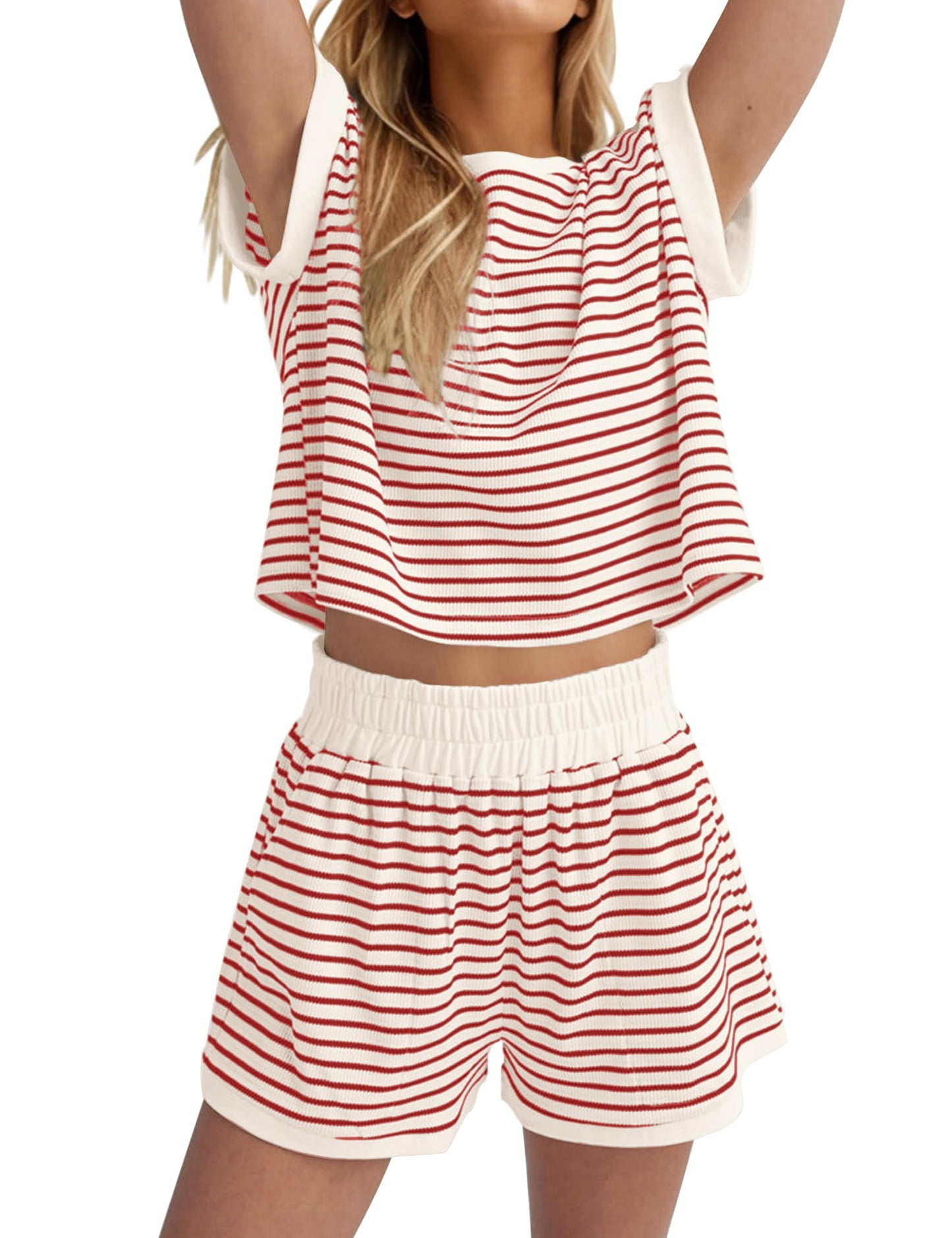 Women Summer 2 Piece Lounge Sets Striped Short Sleeve Tee Shirts Mini Shorts Loungewear Shorts Set Ribbed Pajama Set