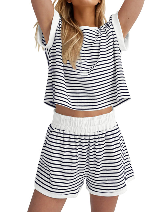 Women Summer 2 Piece Lounge Sets Striped Short Sleeve Tee Shirts Mini Shorts Loungewear Shorts Set Ribbed Pajama Set