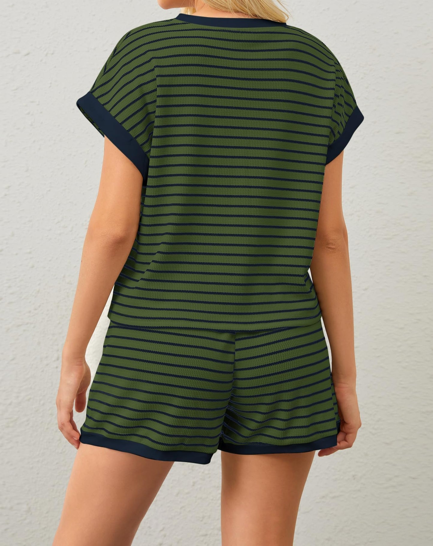 Women Summer 2 Piece Lounge Sets Striped Short Sleeve Tee Shirts Mini Shorts Loungewear Shorts Set Ribbed Pajama Set